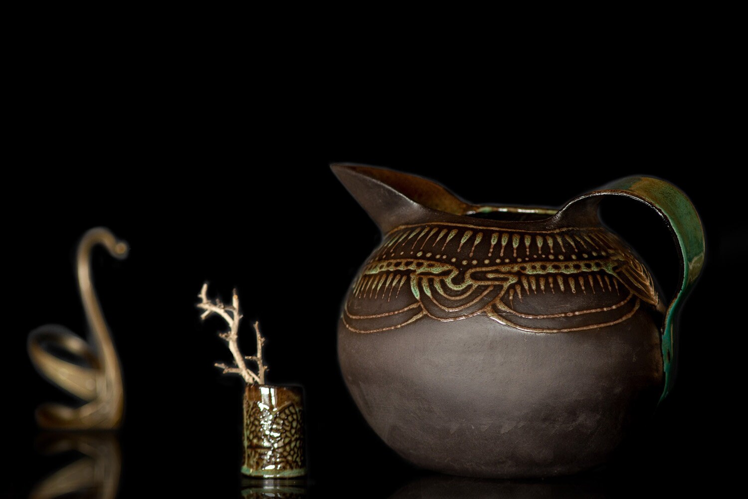 Black Ceramic Pitcher: Hand-Engraved Turquoise Glaze