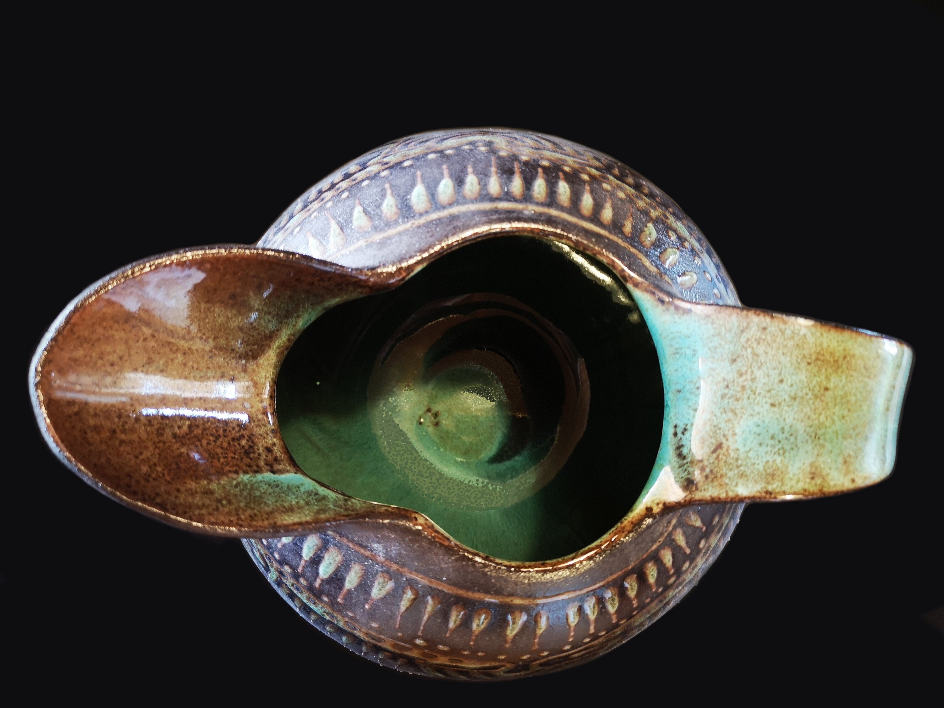 Black Ceramic Pitcher: Hand-Engraved Turquoise Glaze
