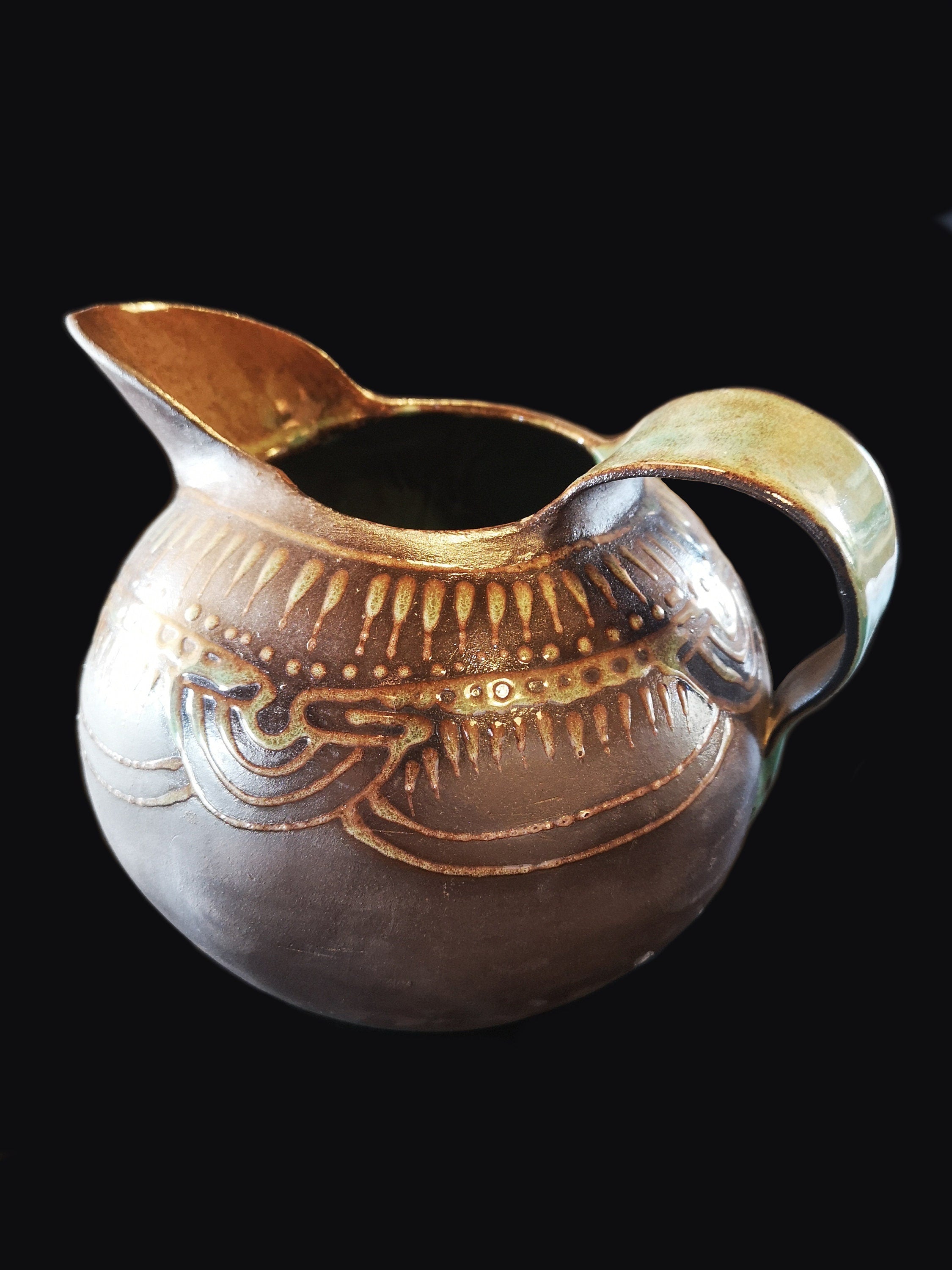 Black Ceramic Pitcher: Hand-Engraved Turquoise Glaze