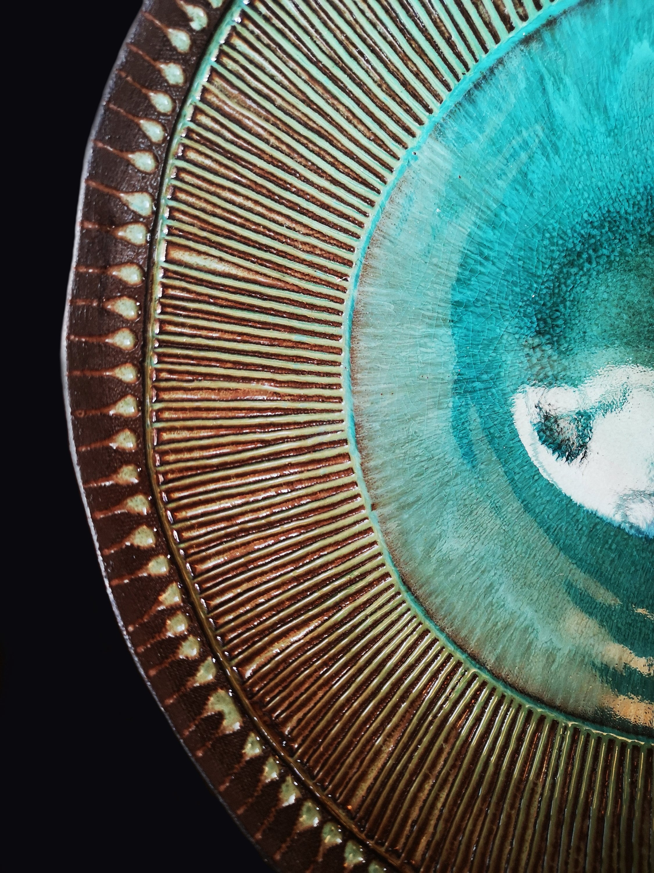 Large Turquoise Ceramic Serving Bowl: Hand-Painted & Engraved