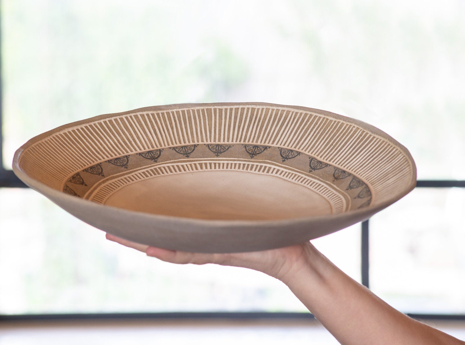 Large Ceramic Salad Bowl: Handmade Print Decorations