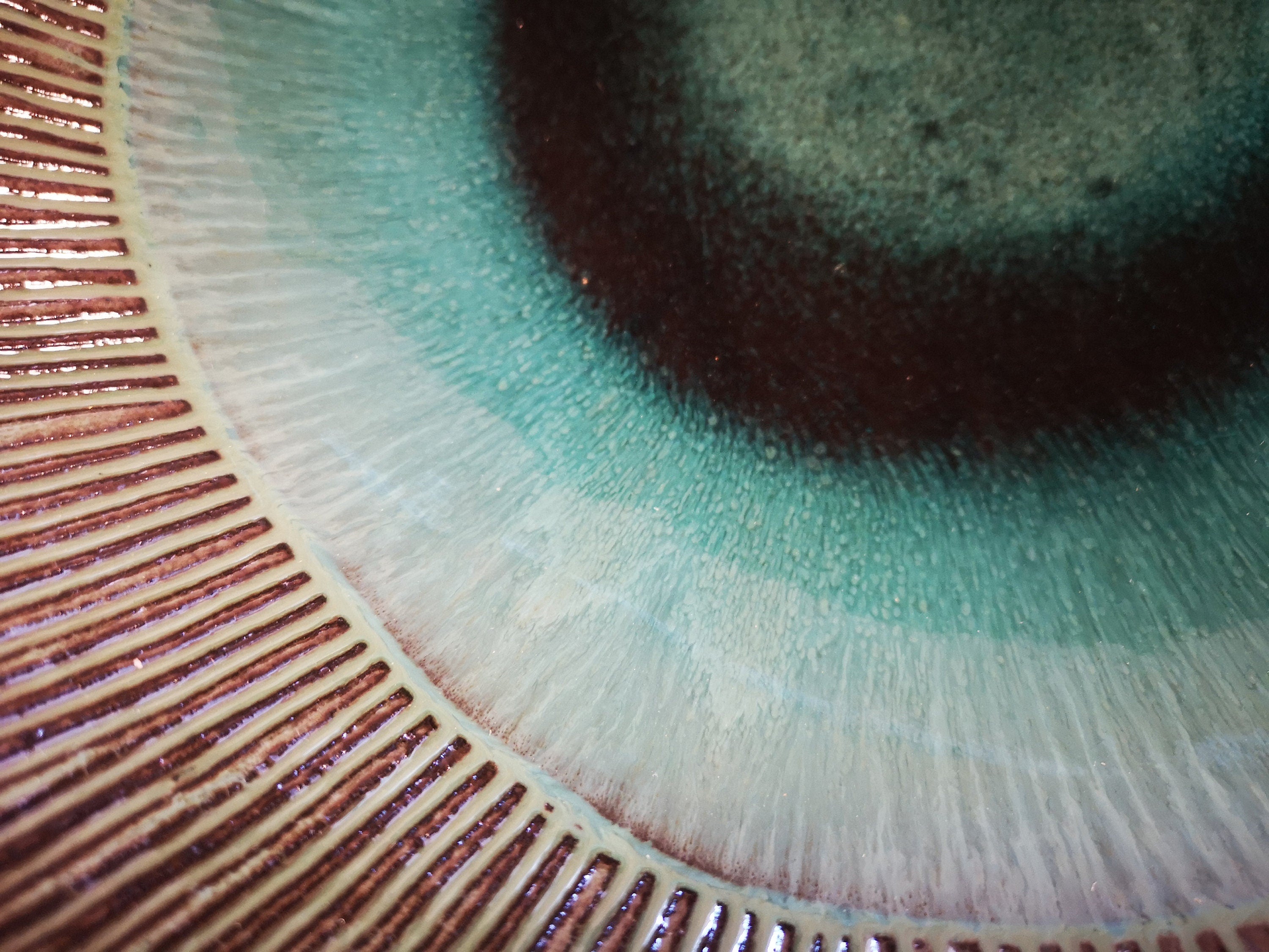 Large Ceramic Serving Bowl: Turquoise Glaze, Hand-Painted Engraved Decor