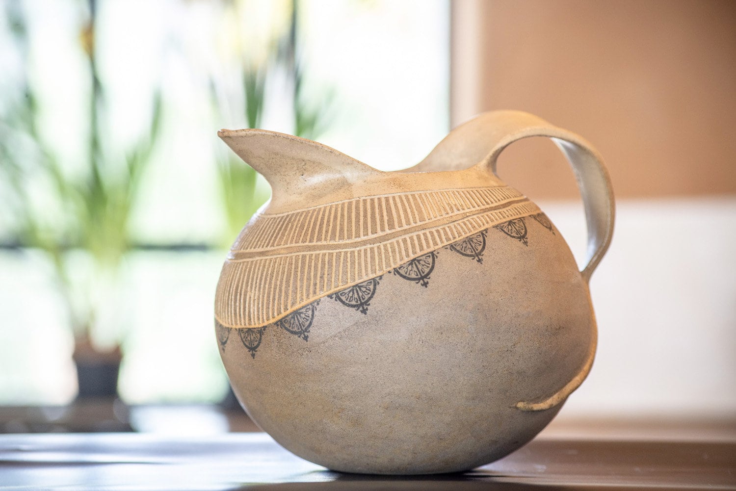 Hand Engraved Ceramic Pitcher: Light Brown Pottery Drinkware