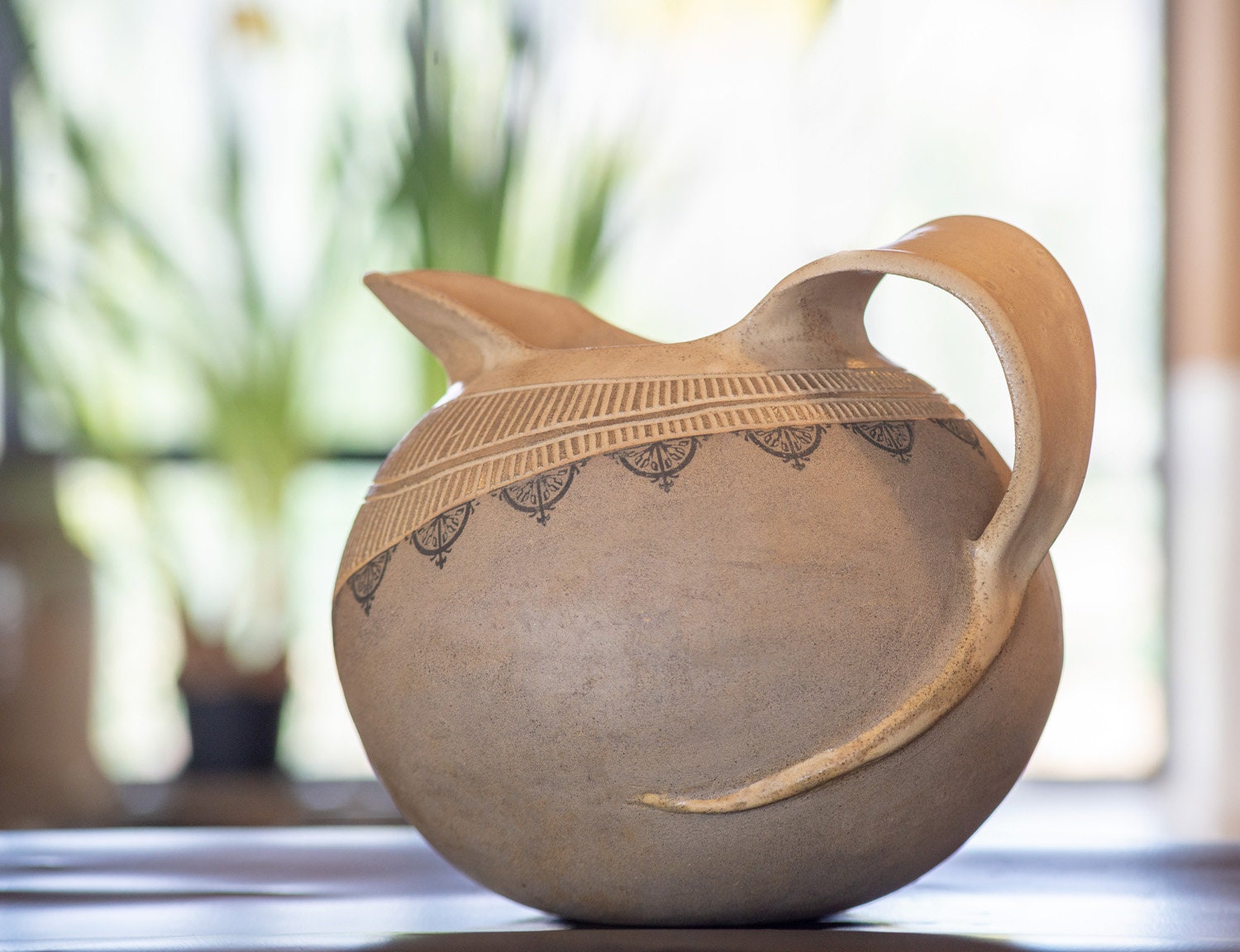 Hand Engraved Ceramic Pitcher: Light Brown Pottery Drinkware