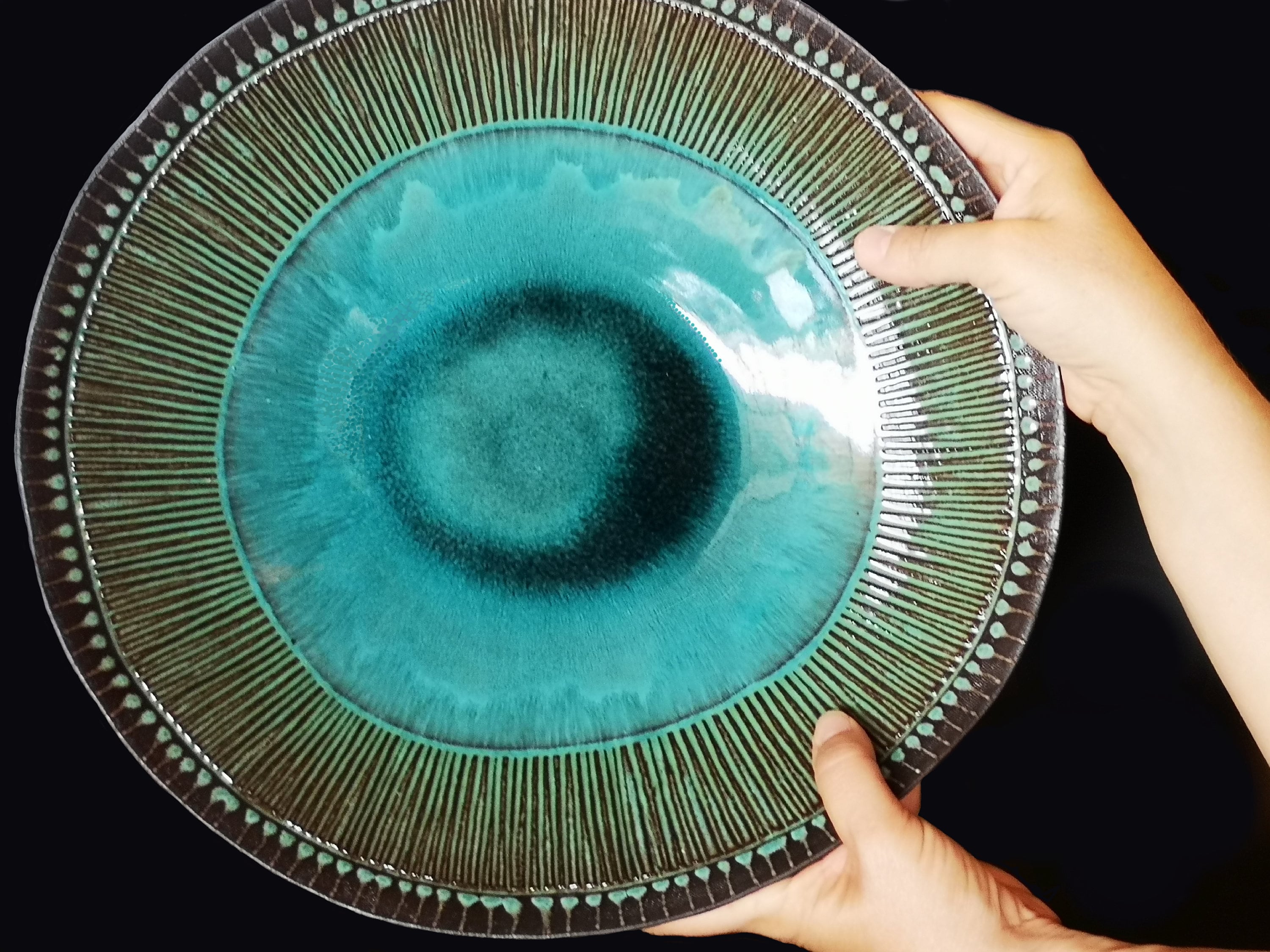 Large Turquoise Ceramic Serving Bowl: Hand-Painted & Engraved