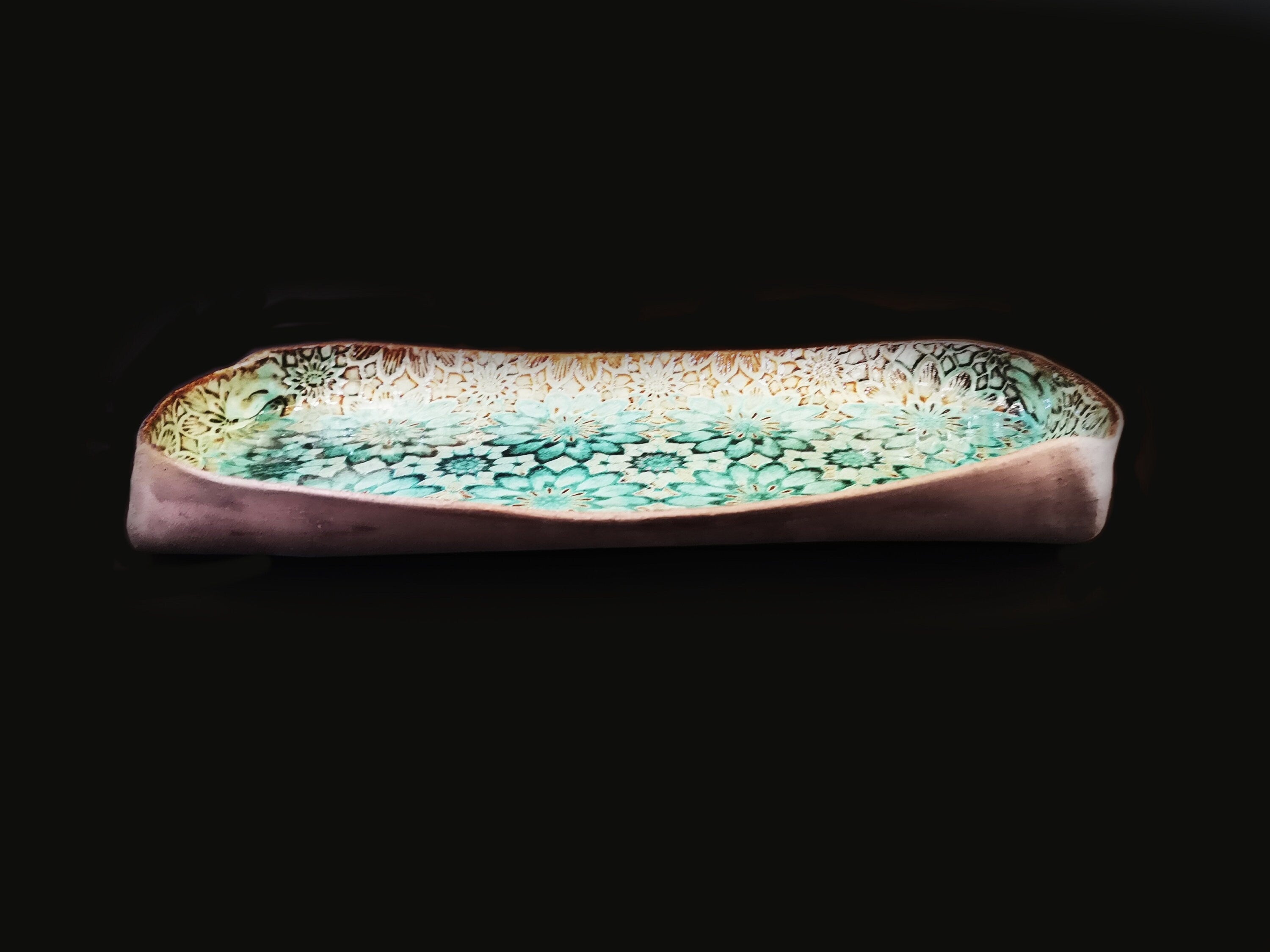 Rectangular Ceramic Serving Tray | Pottery Serving Dish with Flowers Decorations and Turquoise Glaze