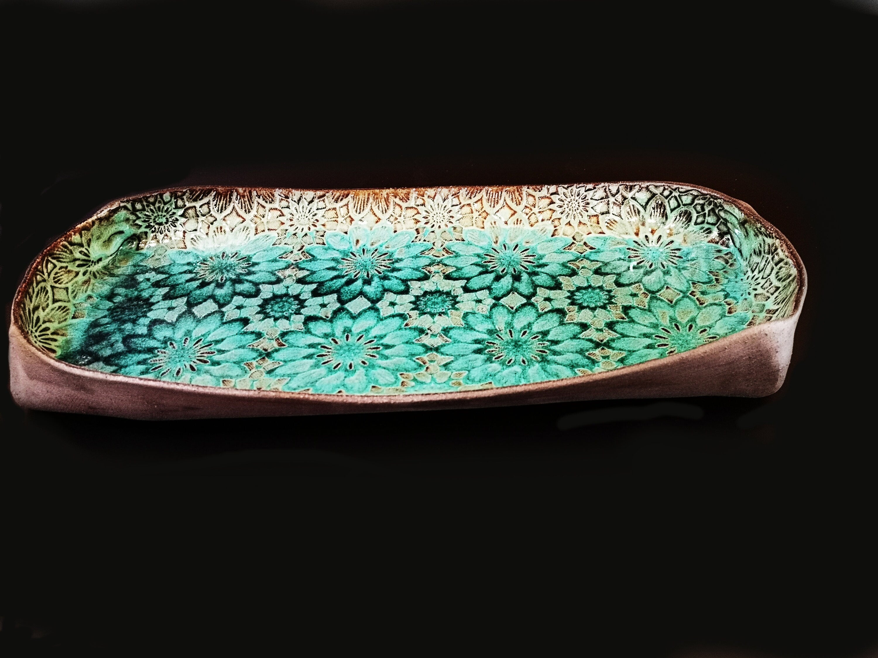 Rectangular Ceramic Serving Tray | Pottery Serving Dish with Flowers Decorations and Turquoise Glaze