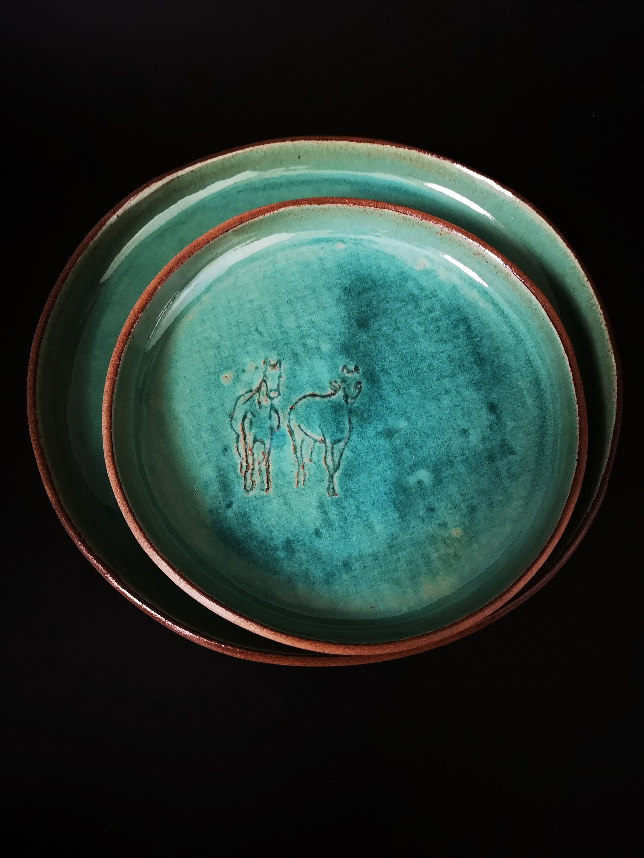 Turquoise Ceramic Plates (Set of 2): Engraved Horse Decoration