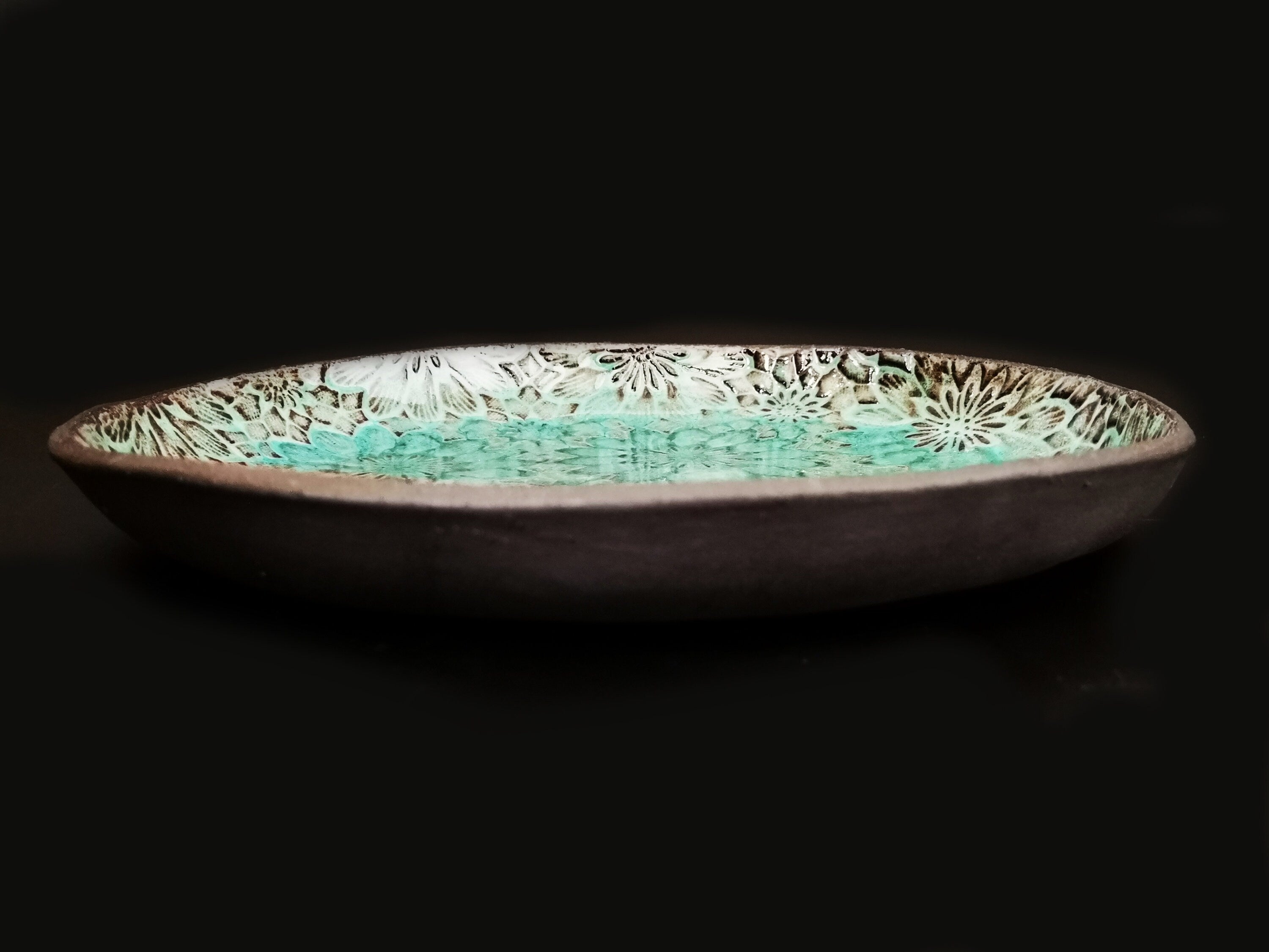 Turquoise Ceramic Dinner Plates (Set of 2) - Floral Decoration