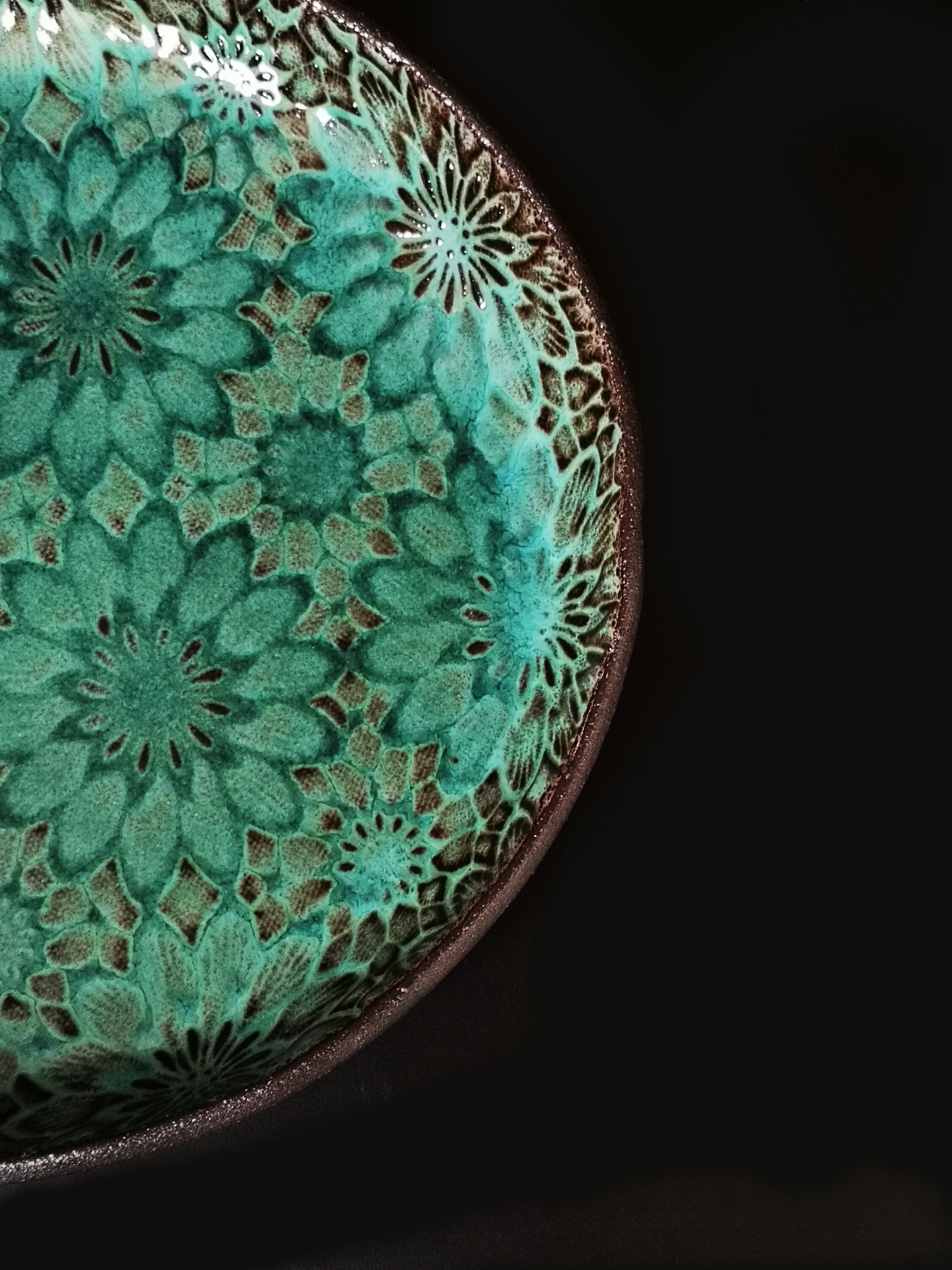 Turquoise Ceramic Dinner Plates (Set of 2) - Floral Decoration