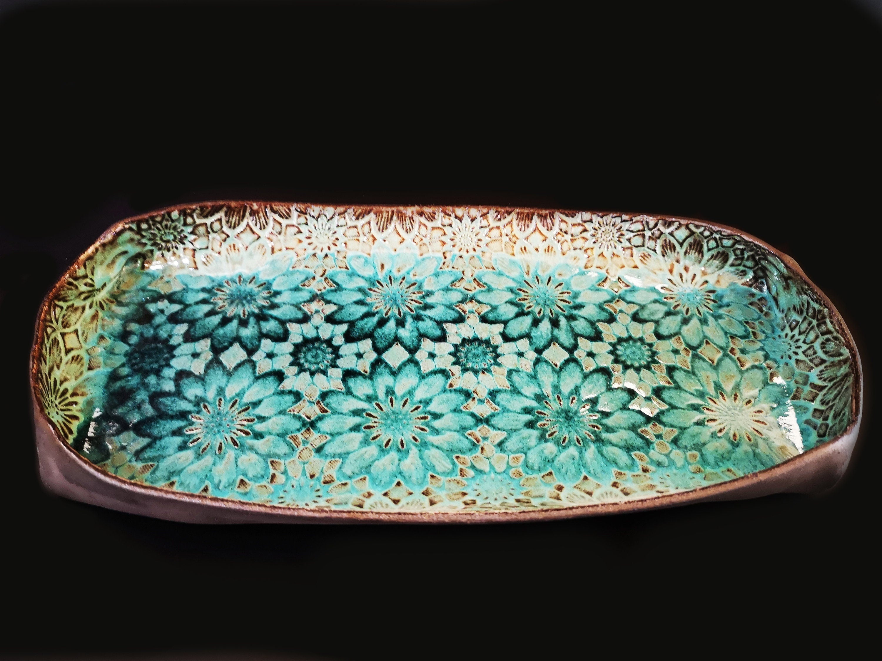 Rectangular Ceramic Serving Tray | Pottery Serving Dish with Flowers Decorations and Turquoise Glaze