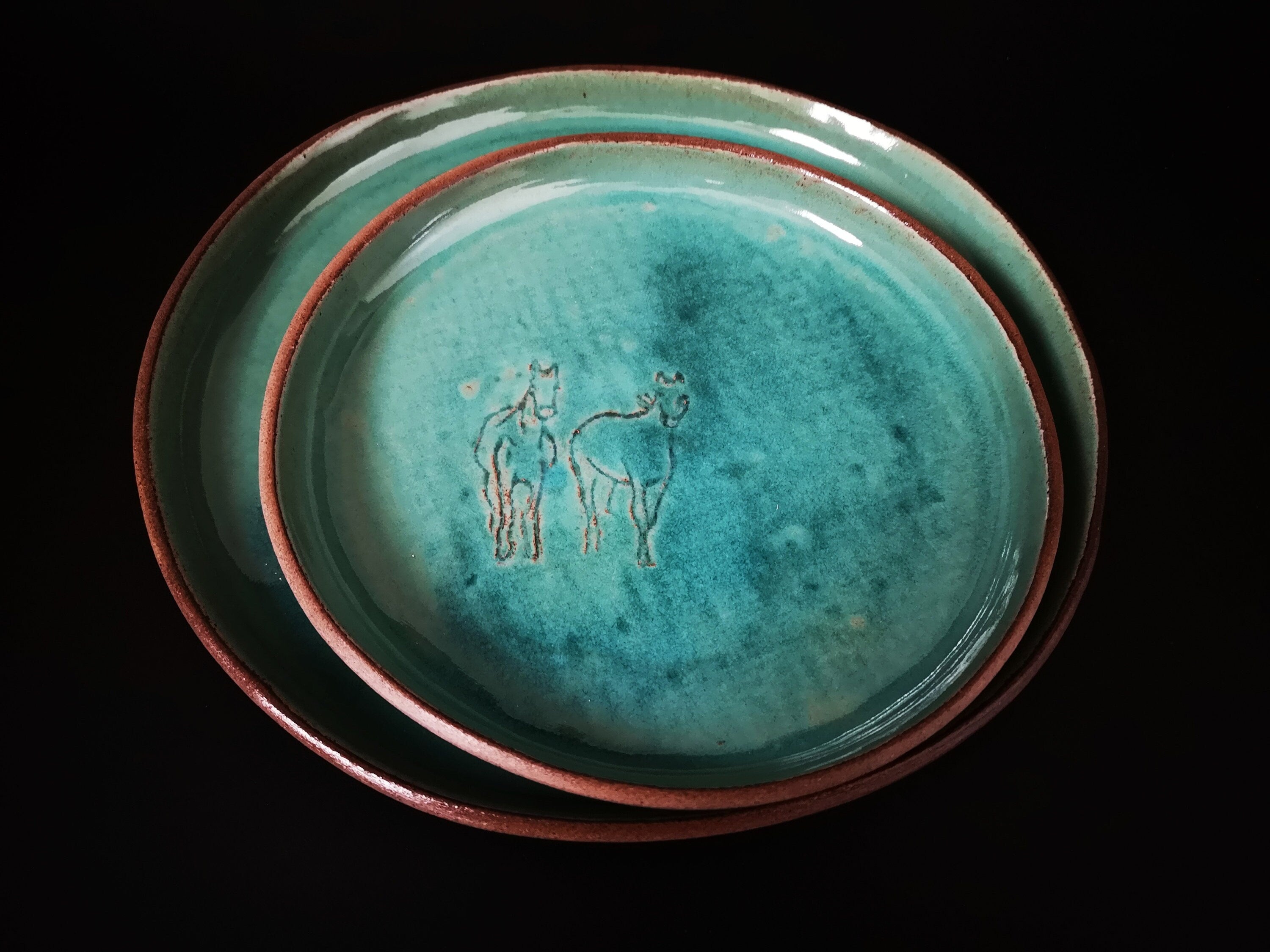 Turquoise Ceramic Plates (Set of 2): Engraved Horse Decoration