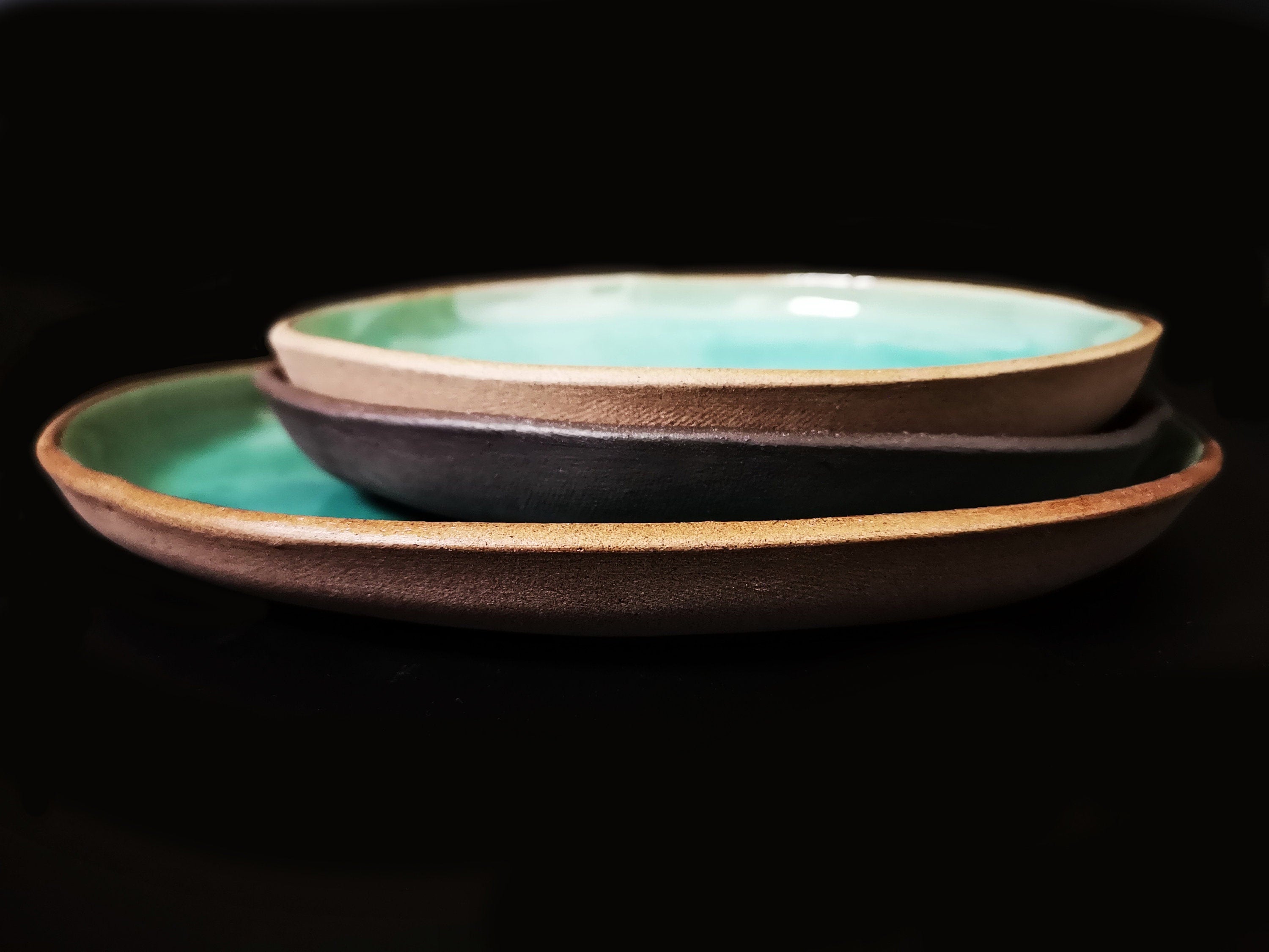 Turquoise Ceramic Dinner Plates (Set of 2) - Floral Decoration