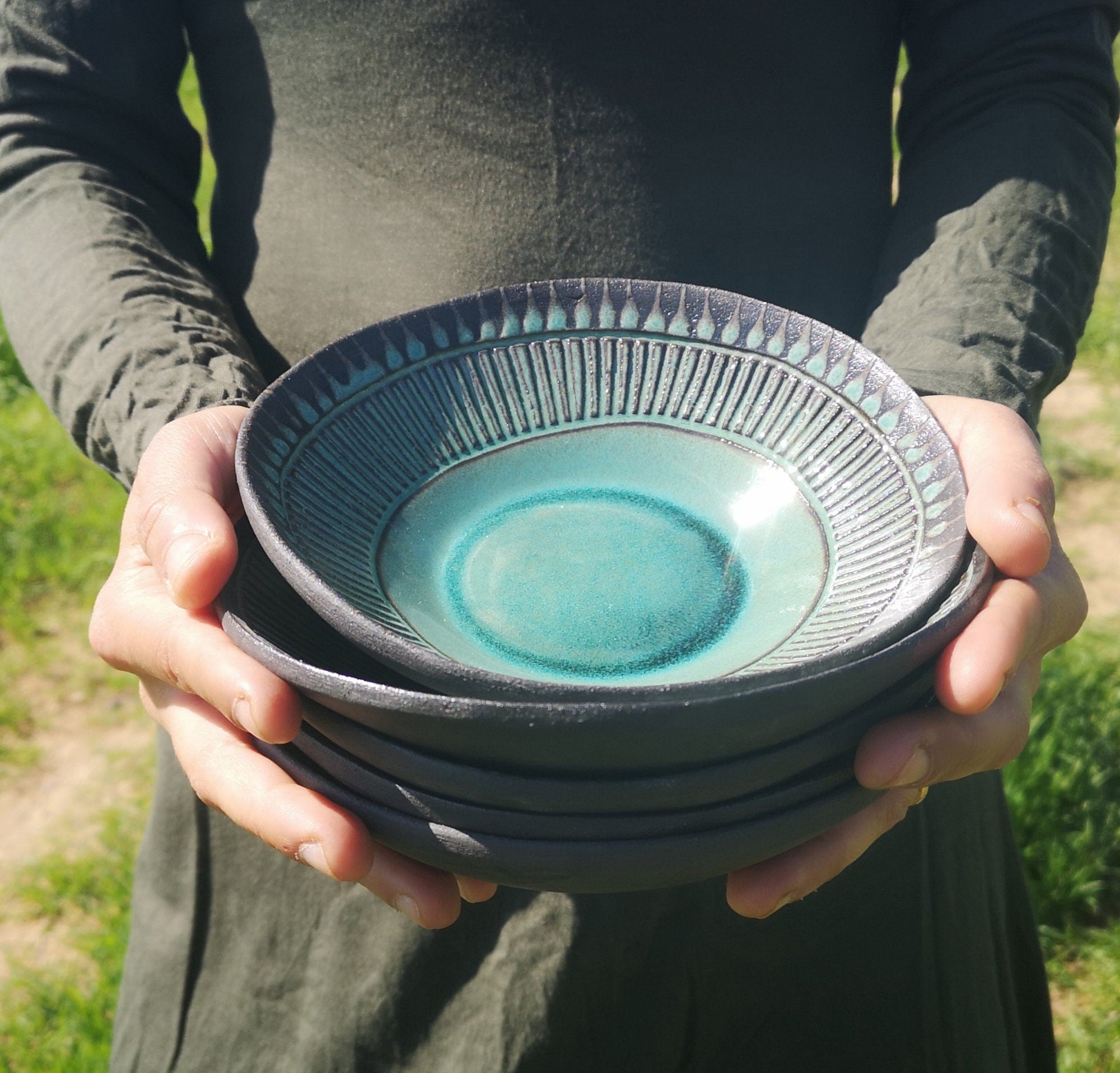 Set of 2 Turquoise Ceramic Bowls: Engraved Pottery Snack Dishes