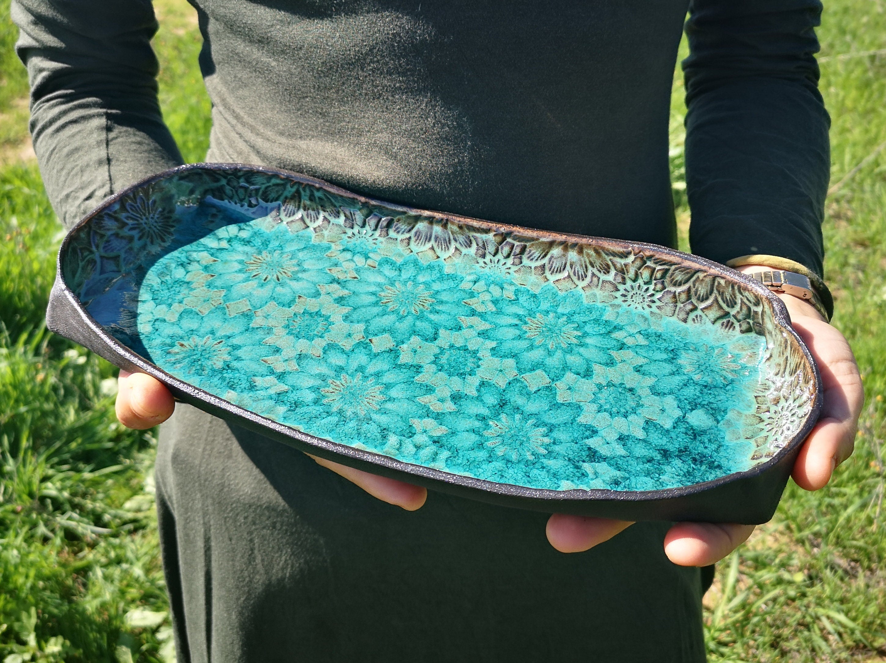 Rectangular Ceramic Serving Tray | Pottery Serving Dish with Flowers Decorations and Turquoise Glaze