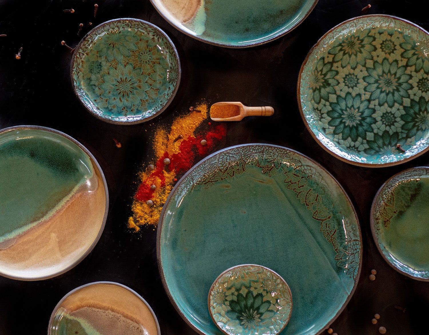 Ceramic Kitchenware , Beige and Turquoise Ceramic Plates , Handmade plate, Round Plater