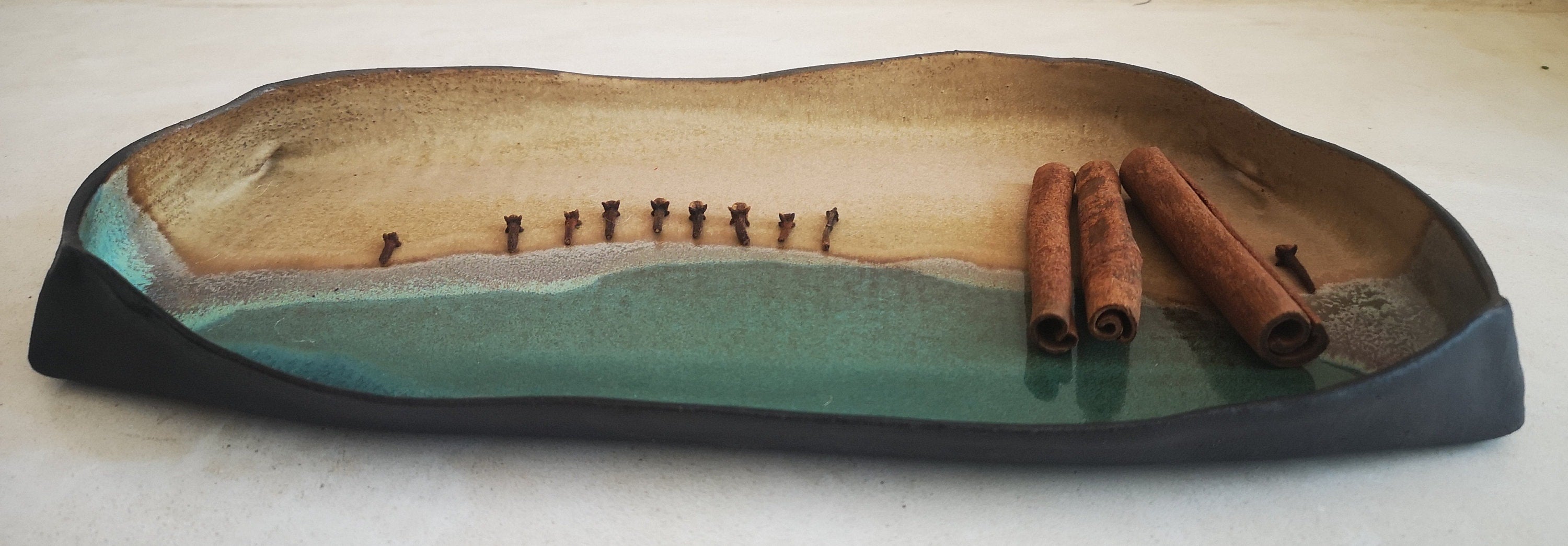 Handmade Rectangular Ceramic Serving Tray: Beige & Turquoise Pottery