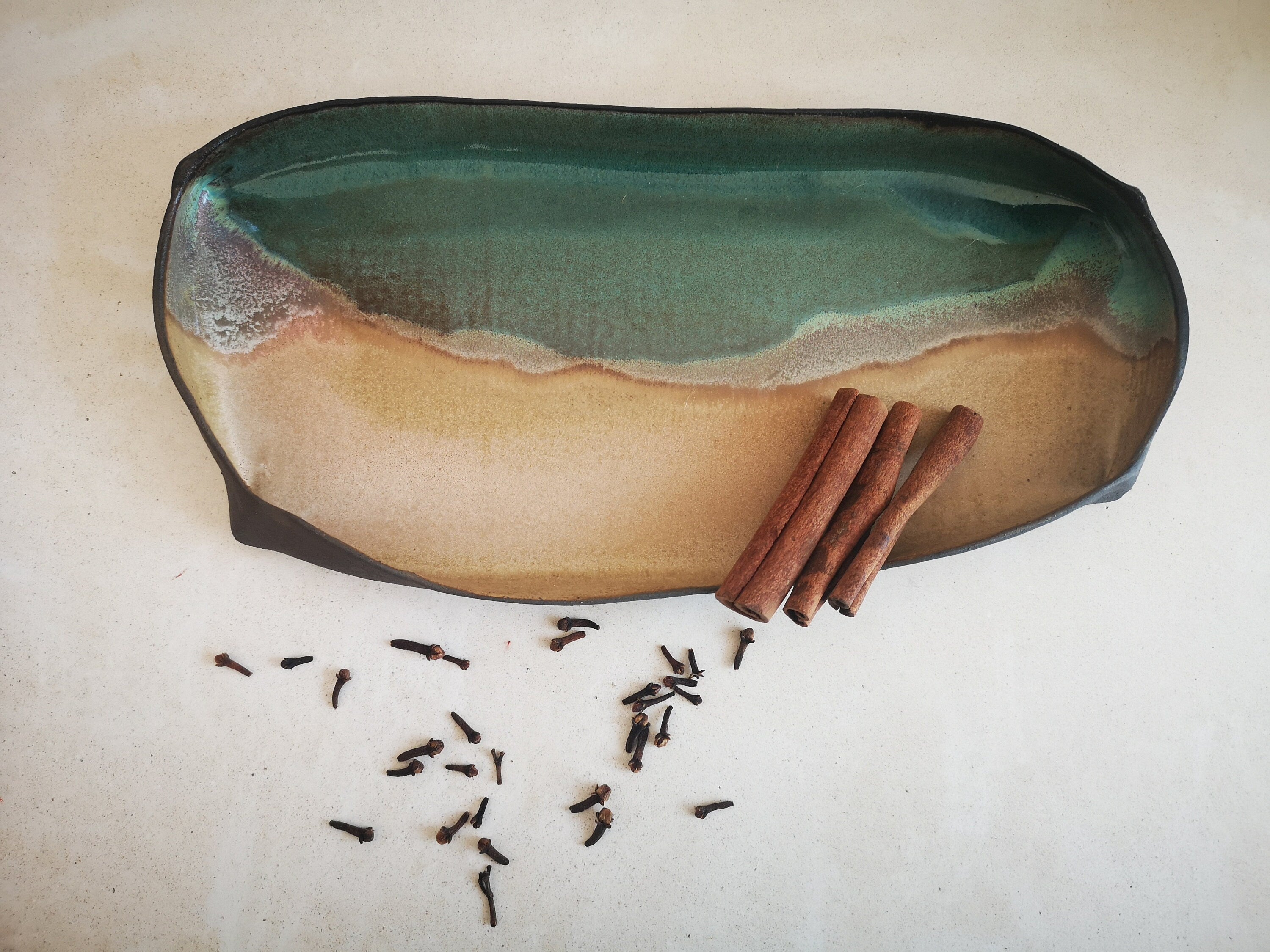 Handmade Rectangular Ceramic Serving Tray: Beige & Turquoise Pottery
