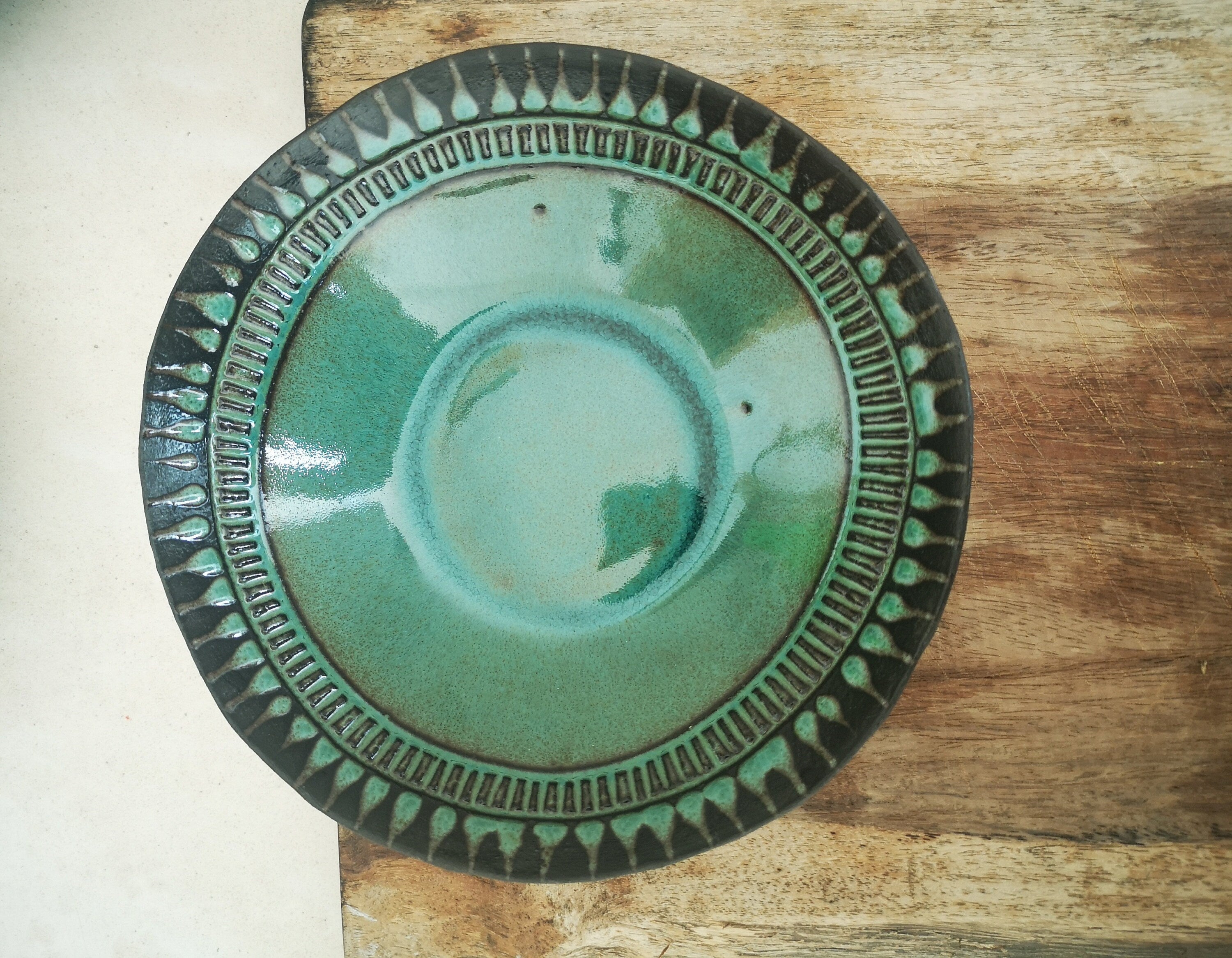 Set of 4 Turquoise Ceramic Bowls: Engraved Pottery Snack Dishes