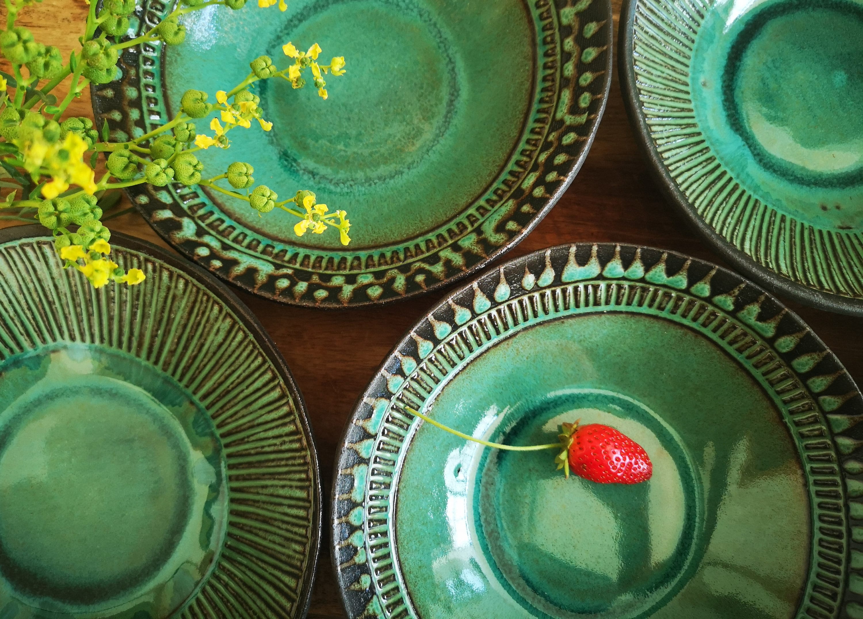 Set of 4 Turquoise Ceramic Bowls: Engraved Pottery Cereal Bowls