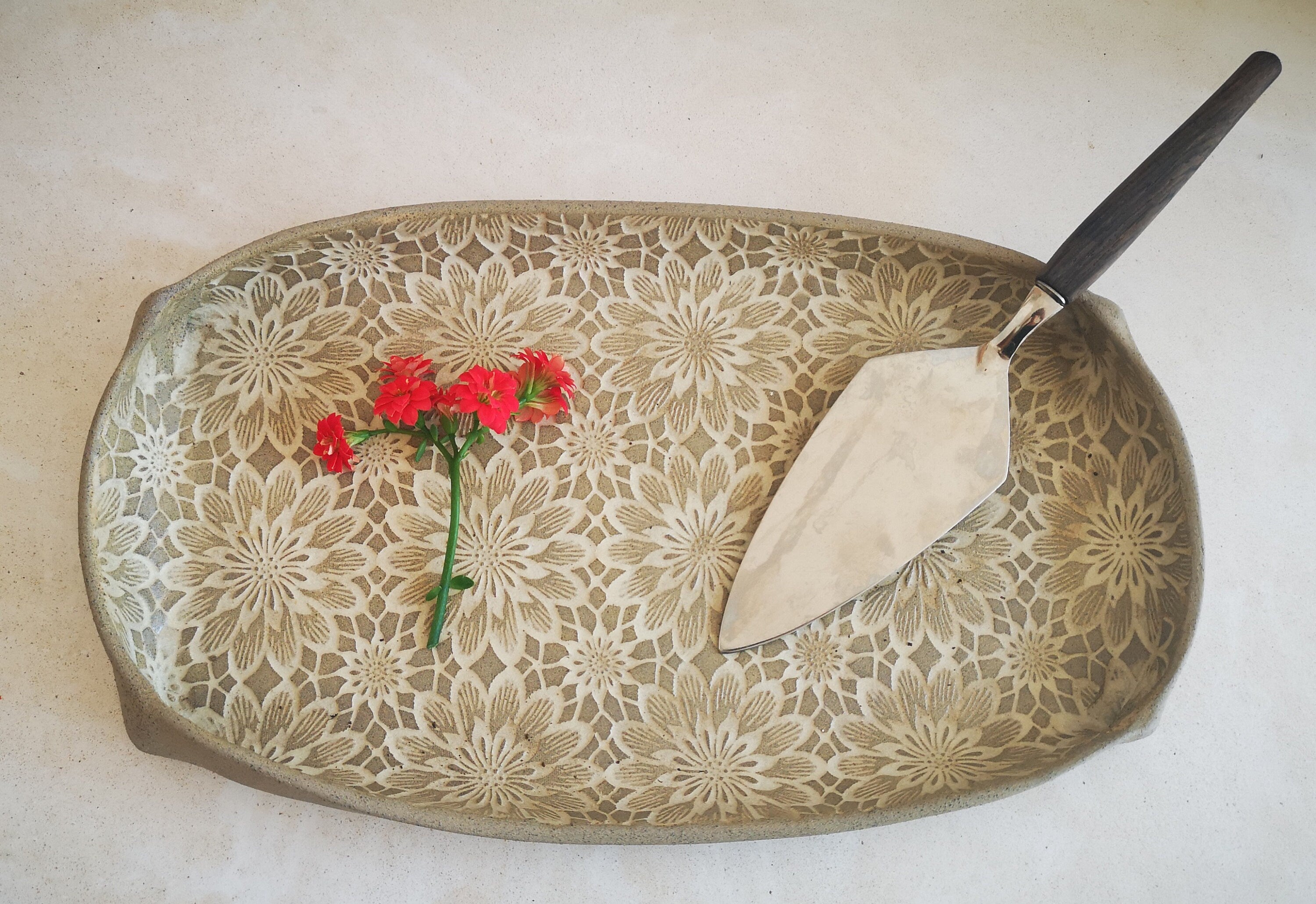 Ceramic serving tray, Pottery serving dish with floral decorations, Handmade pottery, Rustic Unique Serving Dish