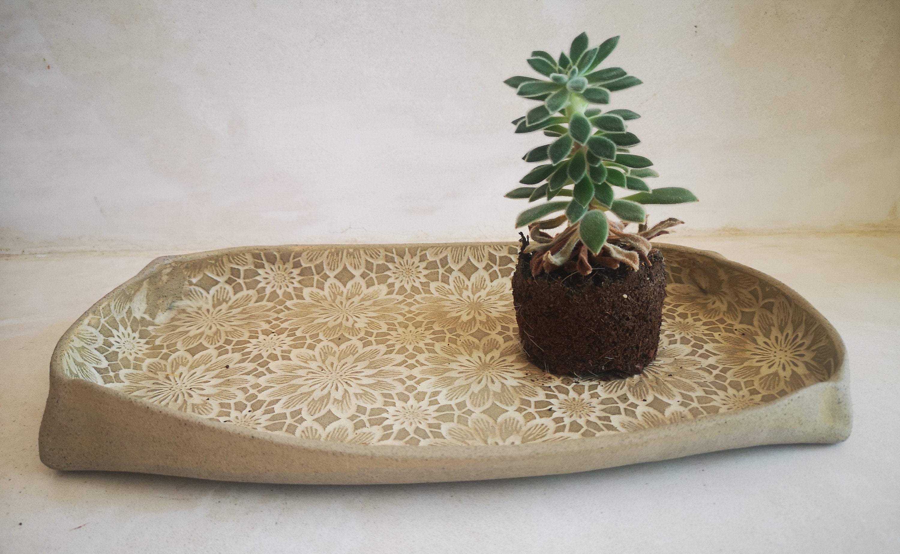Ceramic serving tray, Pottery serving dish with floral decorations, Handmade pottery, Rustic Unique Serving Dish