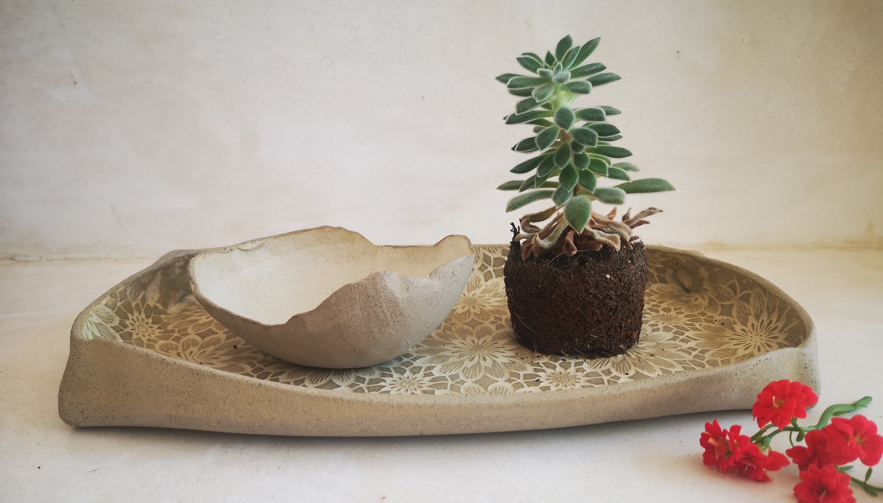Ceramic serving tray, Pottery serving dish with floral decorations, Handmade pottery, Rustic Unique Serving Dish