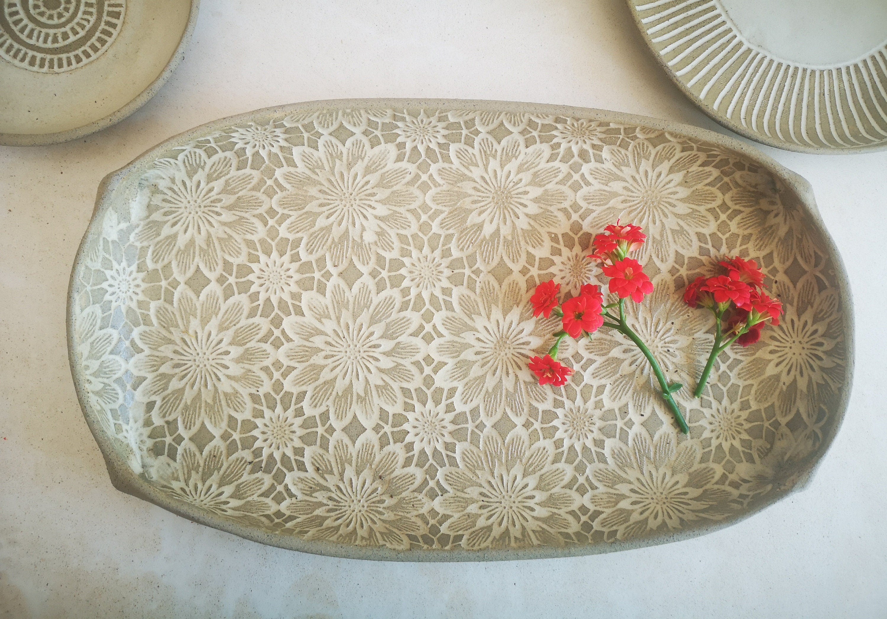 Ceramic serving tray, Pottery serving dish with floral decorations, Handmade pottery, Rustic Unique Serving Dish