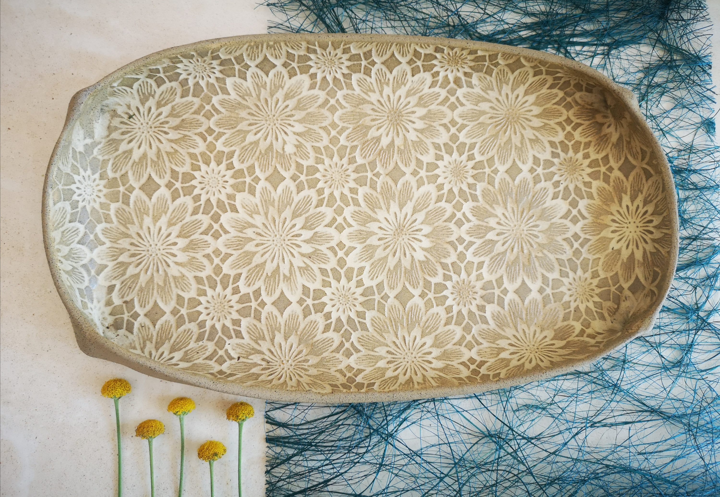 Ceramic serving tray, Pottery serving dish with floral decorations, Handmade pottery, Rustic Unique Serving Dish
