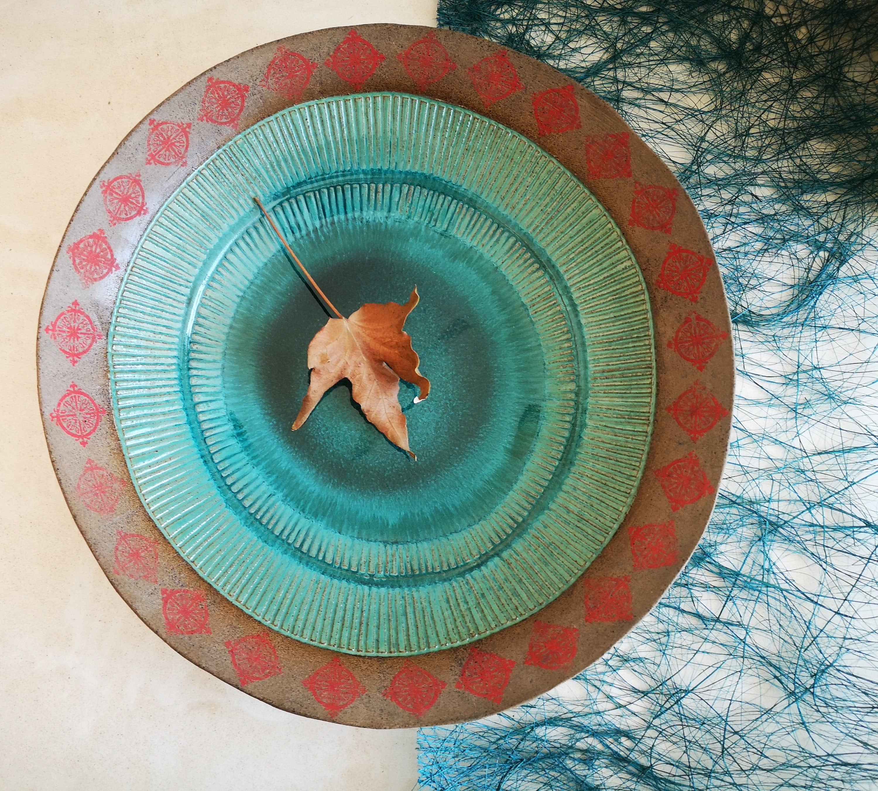 Large Ceramic Salad Bowl: Turquoise Glaze, Red Print, Rustic Serving Dish