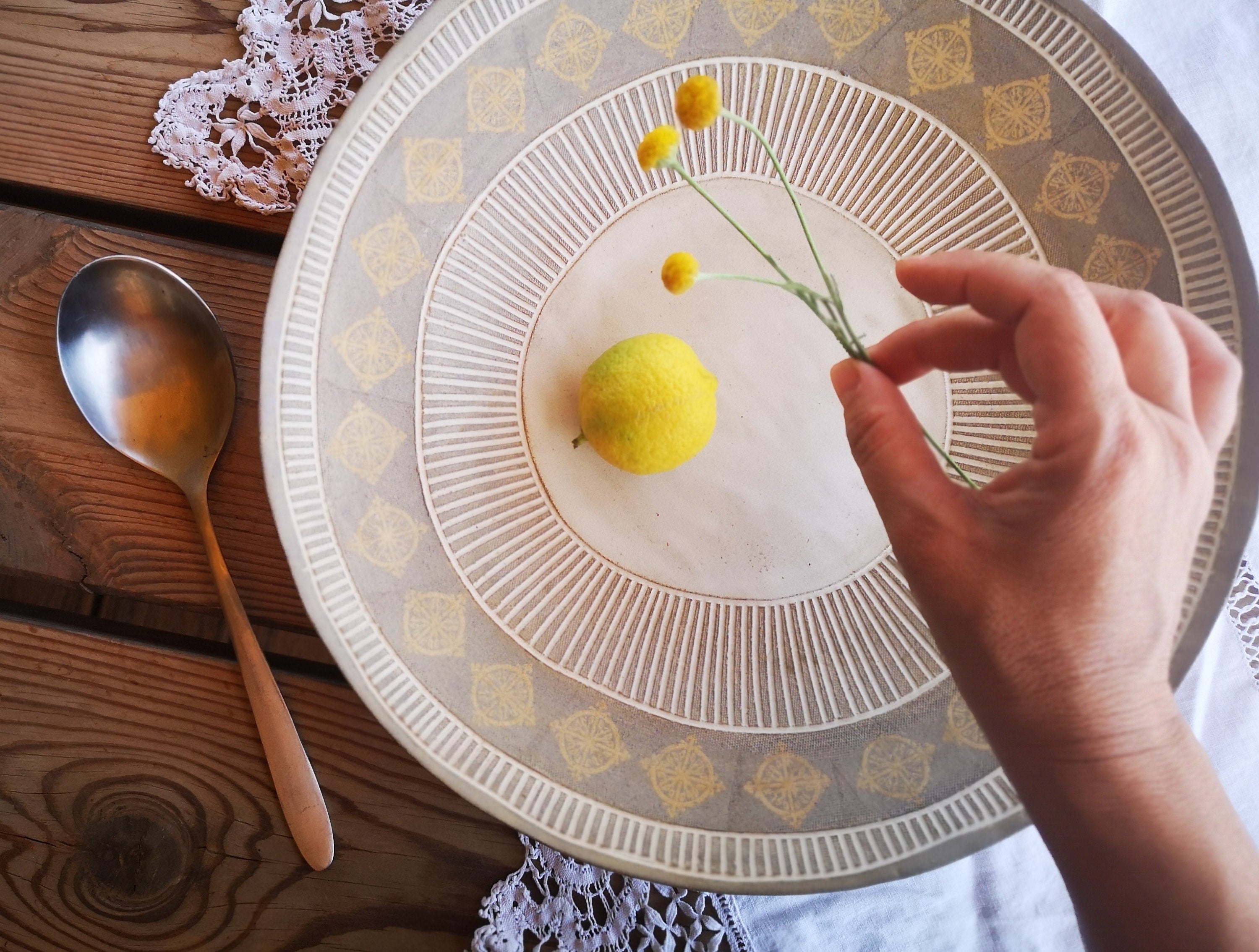 Large Ceramic Serving Bowl: Gray Clay Pottery with Yellow Print