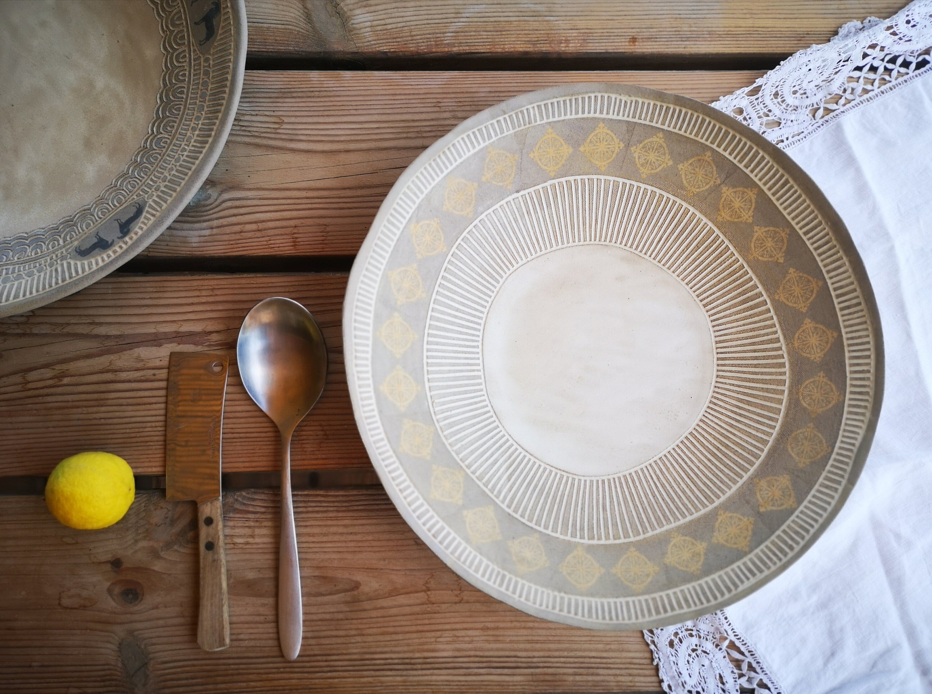 Large Ceramic Serving Bowl: Gray Clay Pottery with Yellow Print
