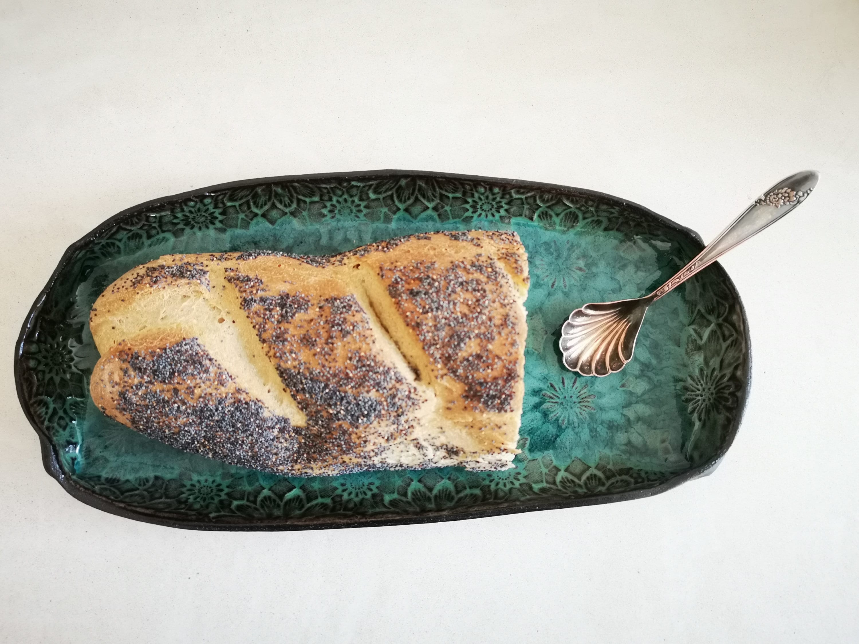 Rectangular Ceramic Serving Tray | Pottery Serving Dish with Flowers Decorations and Turquoise Glaze