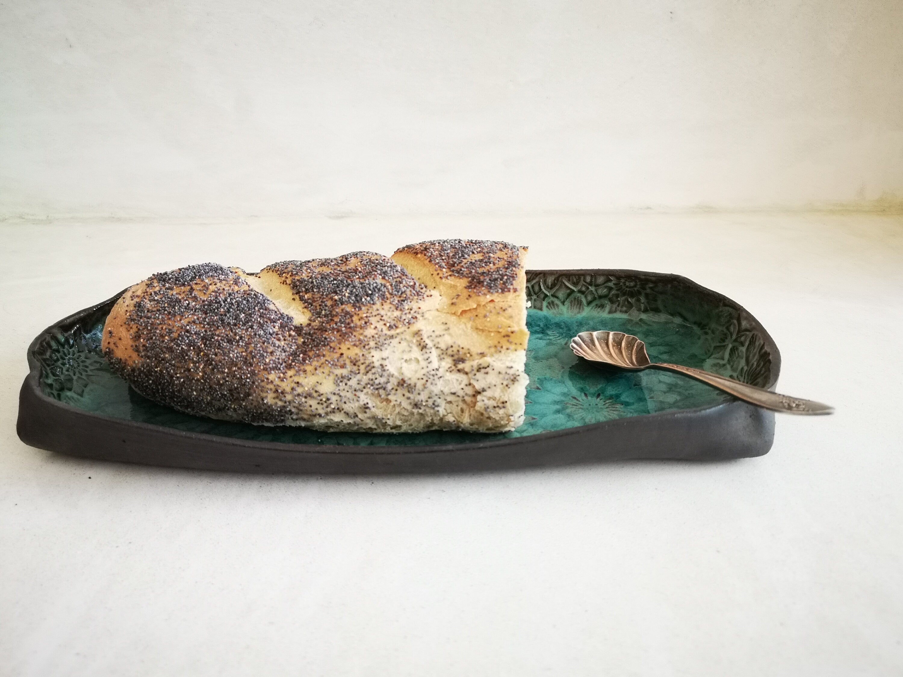 Rectangular Ceramic Serving Tray | Pottery Serving Dish with Flowers Decorations and Turquoise Glaze