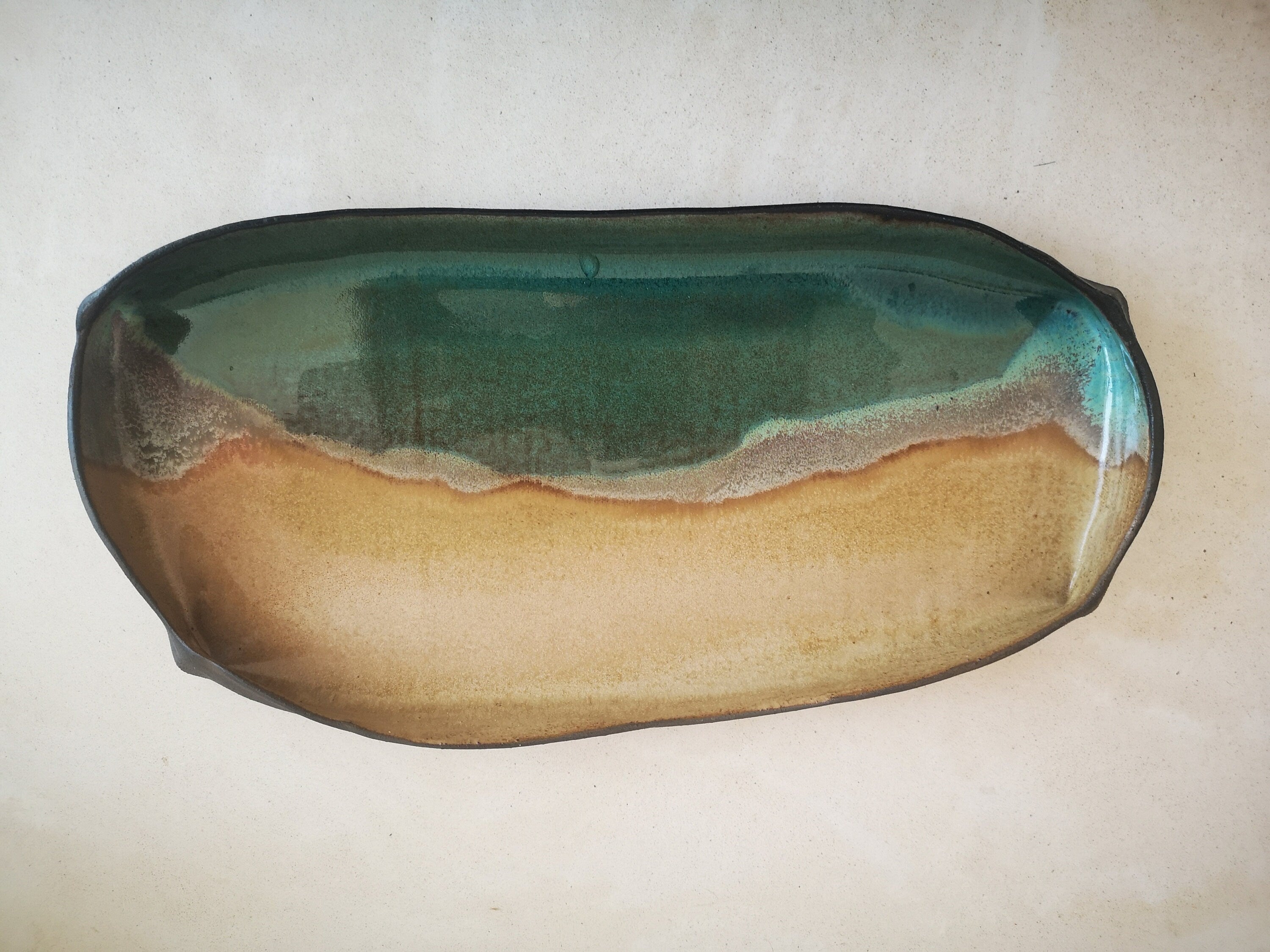 Handmade Rectangular Ceramic Serving Tray: Beige & Turquoise Pottery