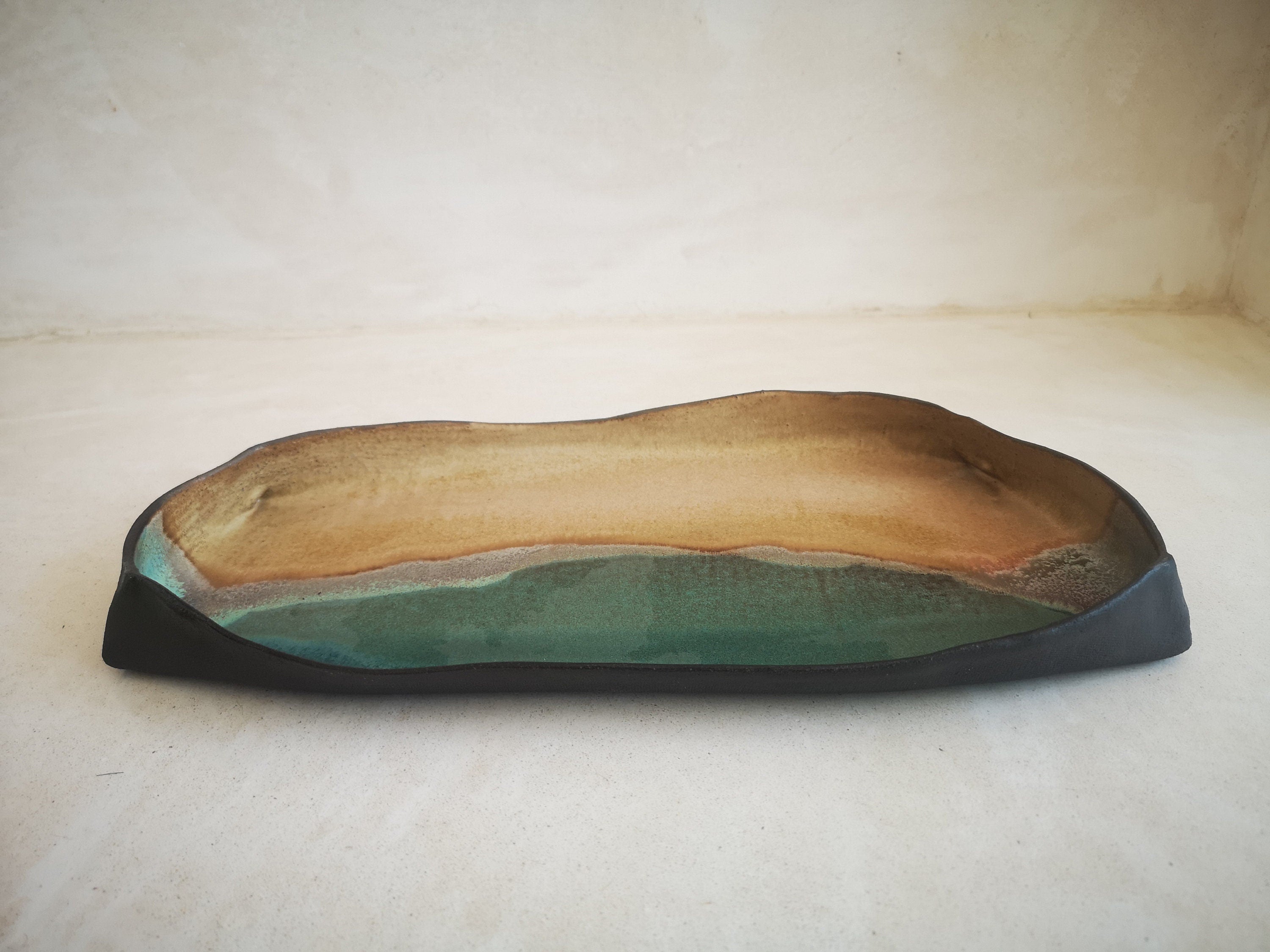 Handmade Rectangular Ceramic Serving Tray: Beige & Turquoise Pottery
