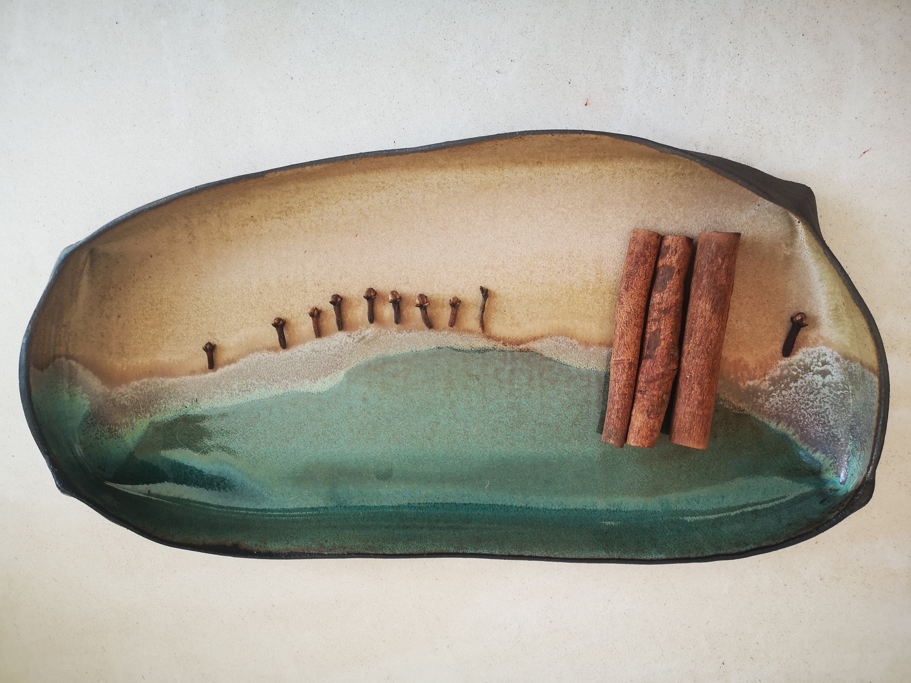 Handmade Rectangular Ceramic Serving Tray: Beige & Turquoise Pottery