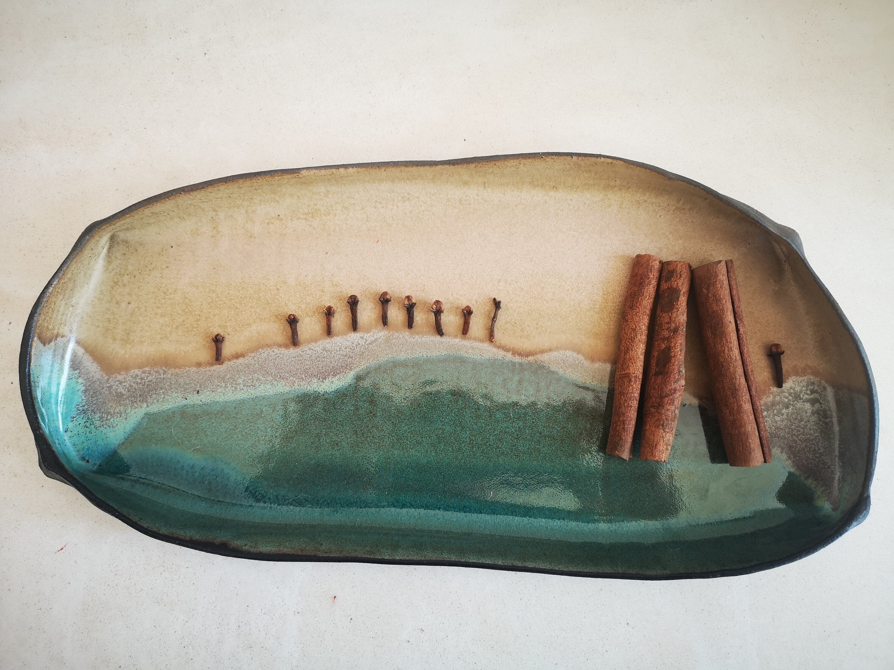 Handmade Rectangular Ceramic Serving Tray: Beige & Turquoise Pottery