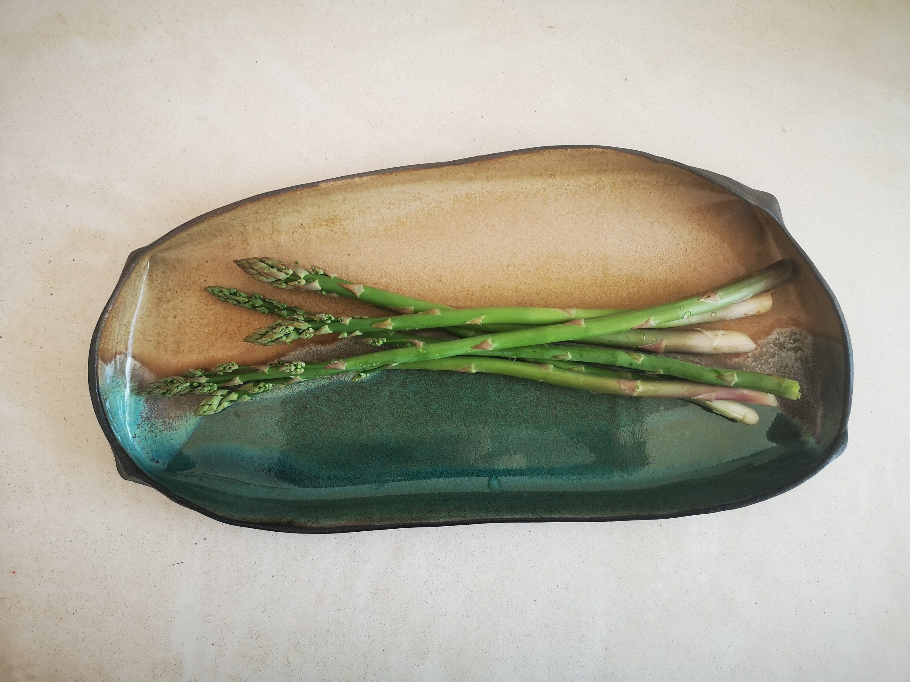 Handmade Rectangular Ceramic Serving Tray: Beige & Turquoise Pottery