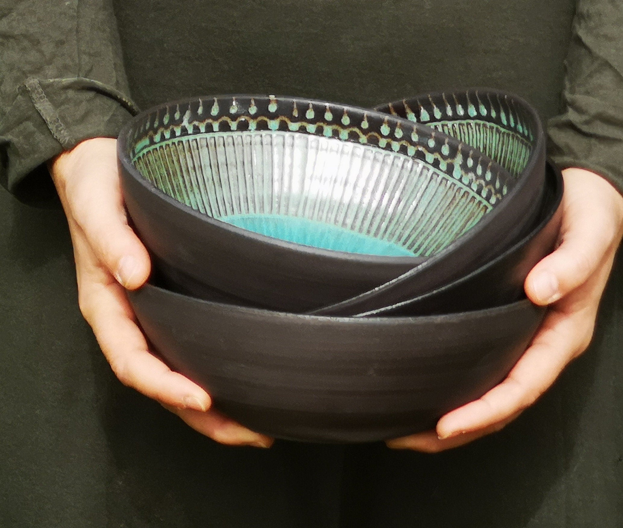 Handmade Ceramic Pasta Bowls (Set of 2): Turquoise Ramen Bowls