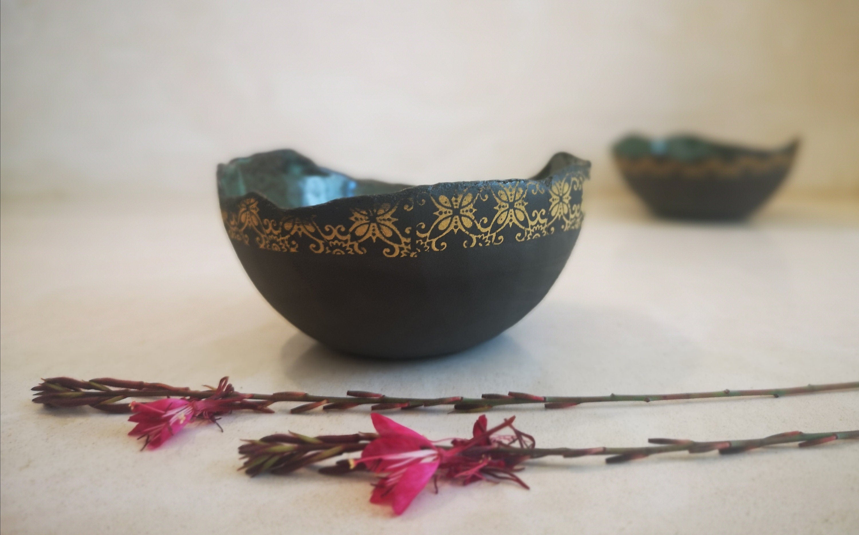 Set of 2 Ceramic Dipping Bowls: Turquoise & Black Pottery with Yellow Print