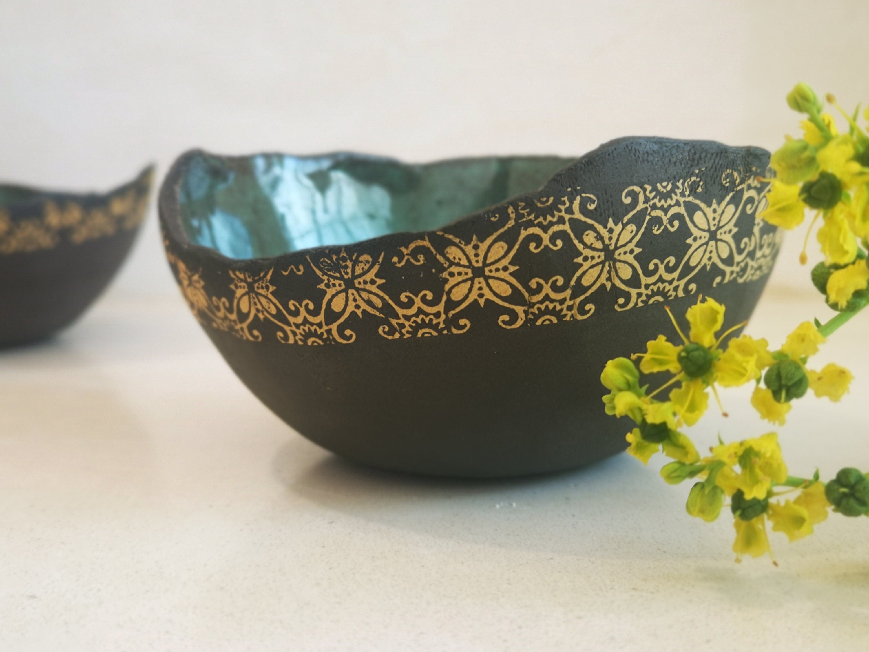 Set of 2 Ceramic Dipping Bowls: Turquoise & Black Pottery with Yellow Print