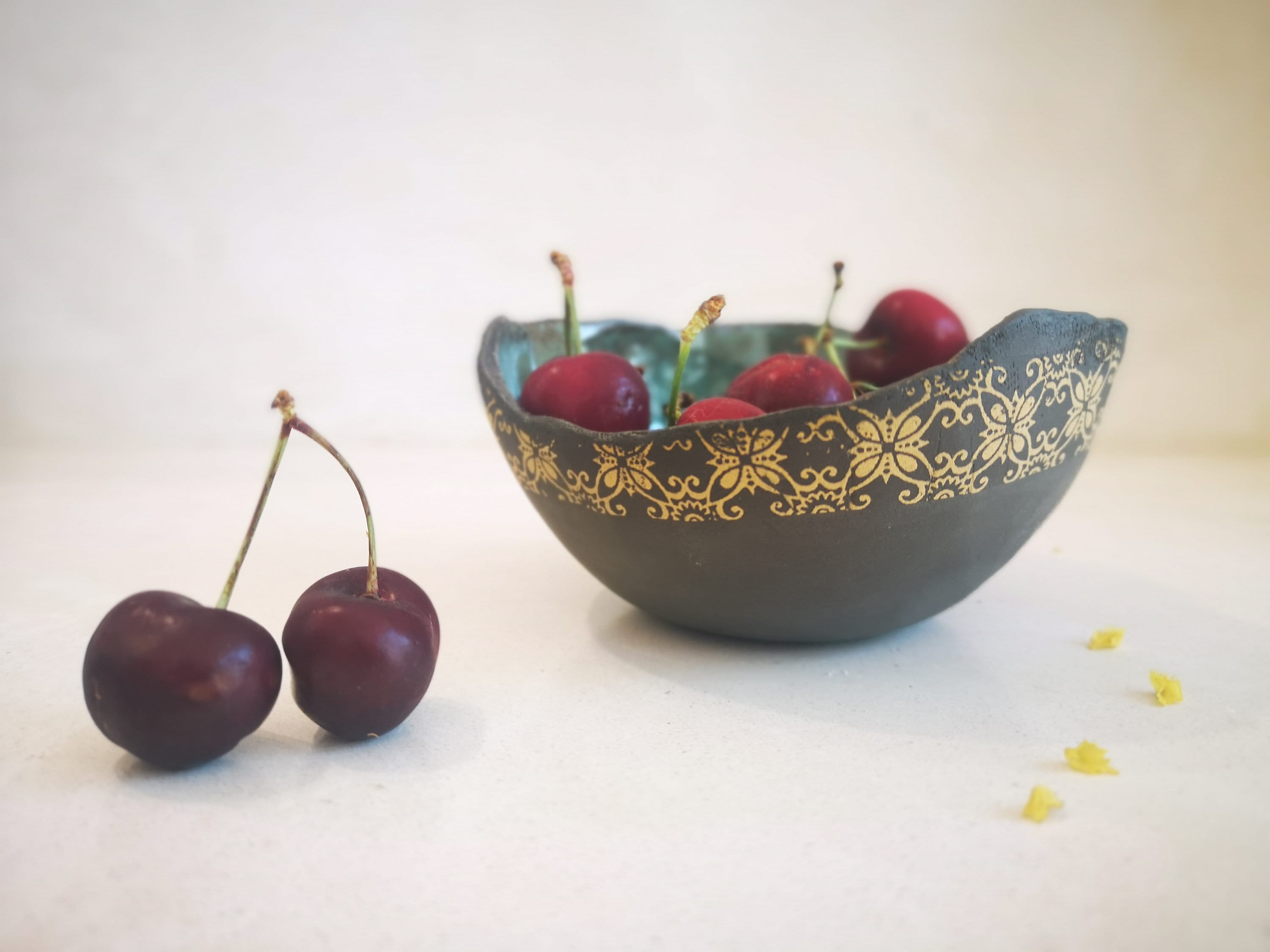 Set of 2 Ceramic Dipping Bowls: Turquoise & Black Pottery with Yellow Print
