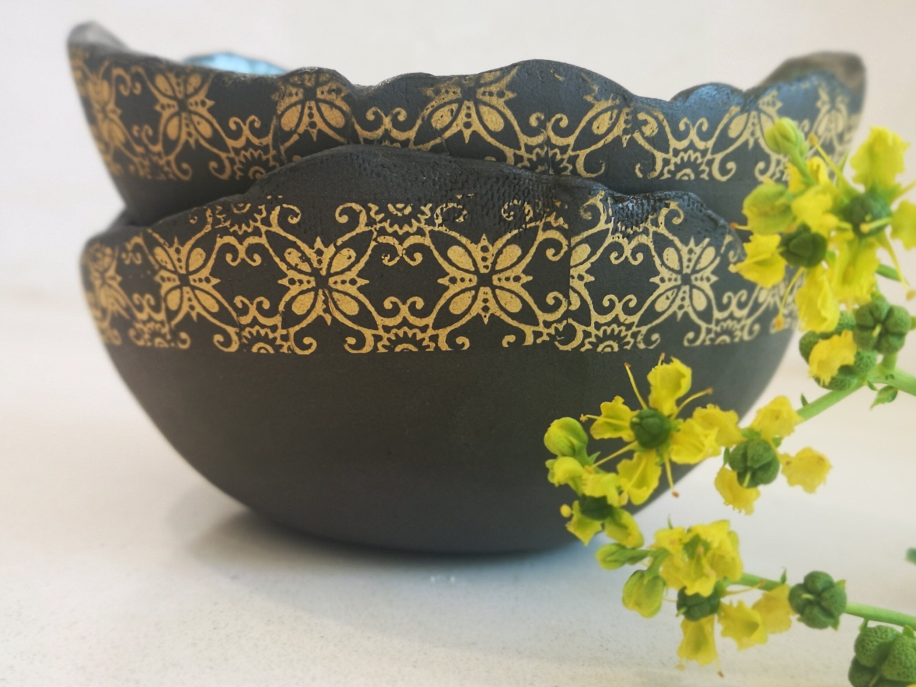 Set of 2 Ceramic Dipping Bowls: Turquoise & Black Pottery with Yellow Print