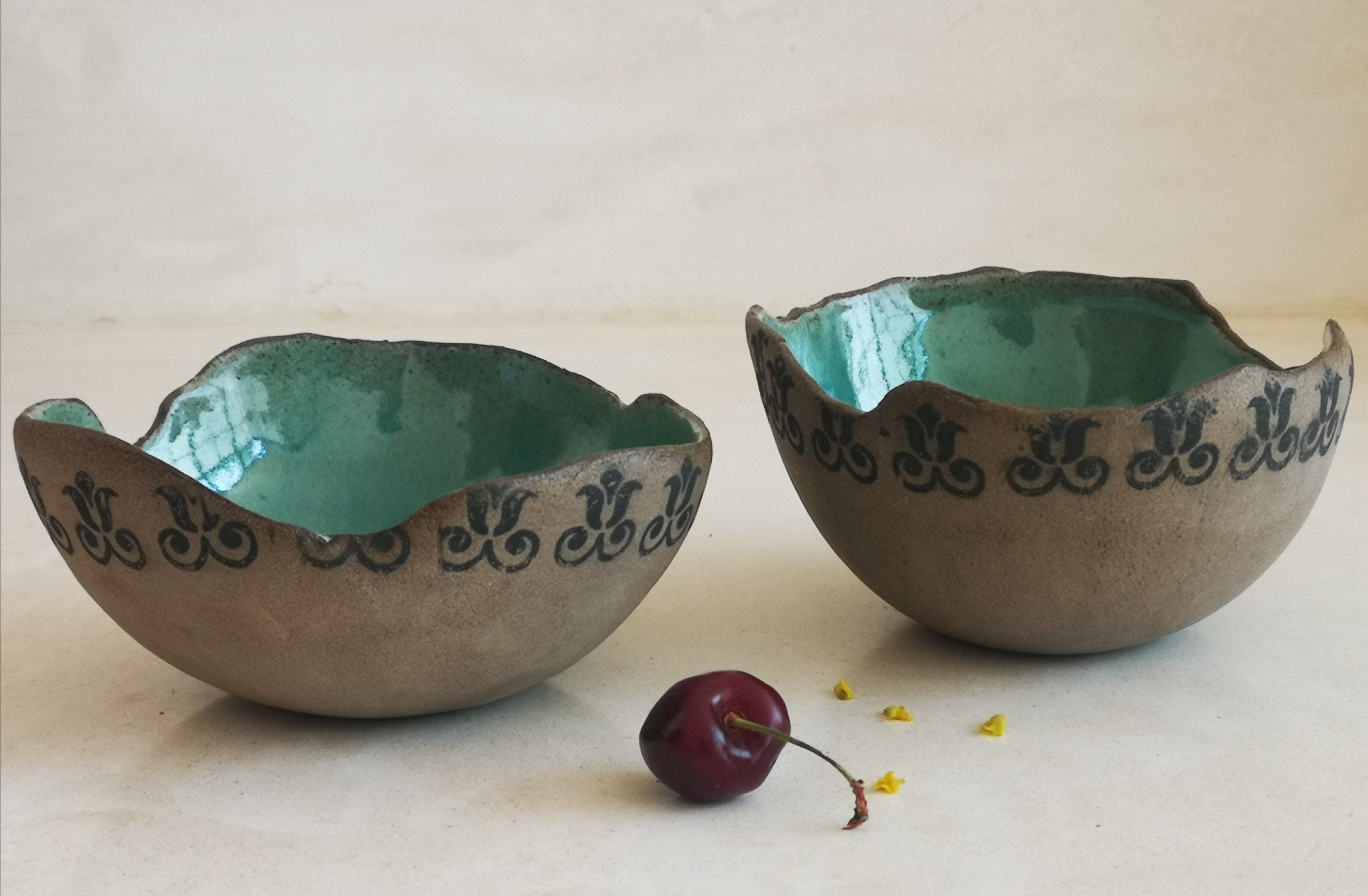Set of 2 Turquoise Ceramic Bowls: Archaeological Print Pottery