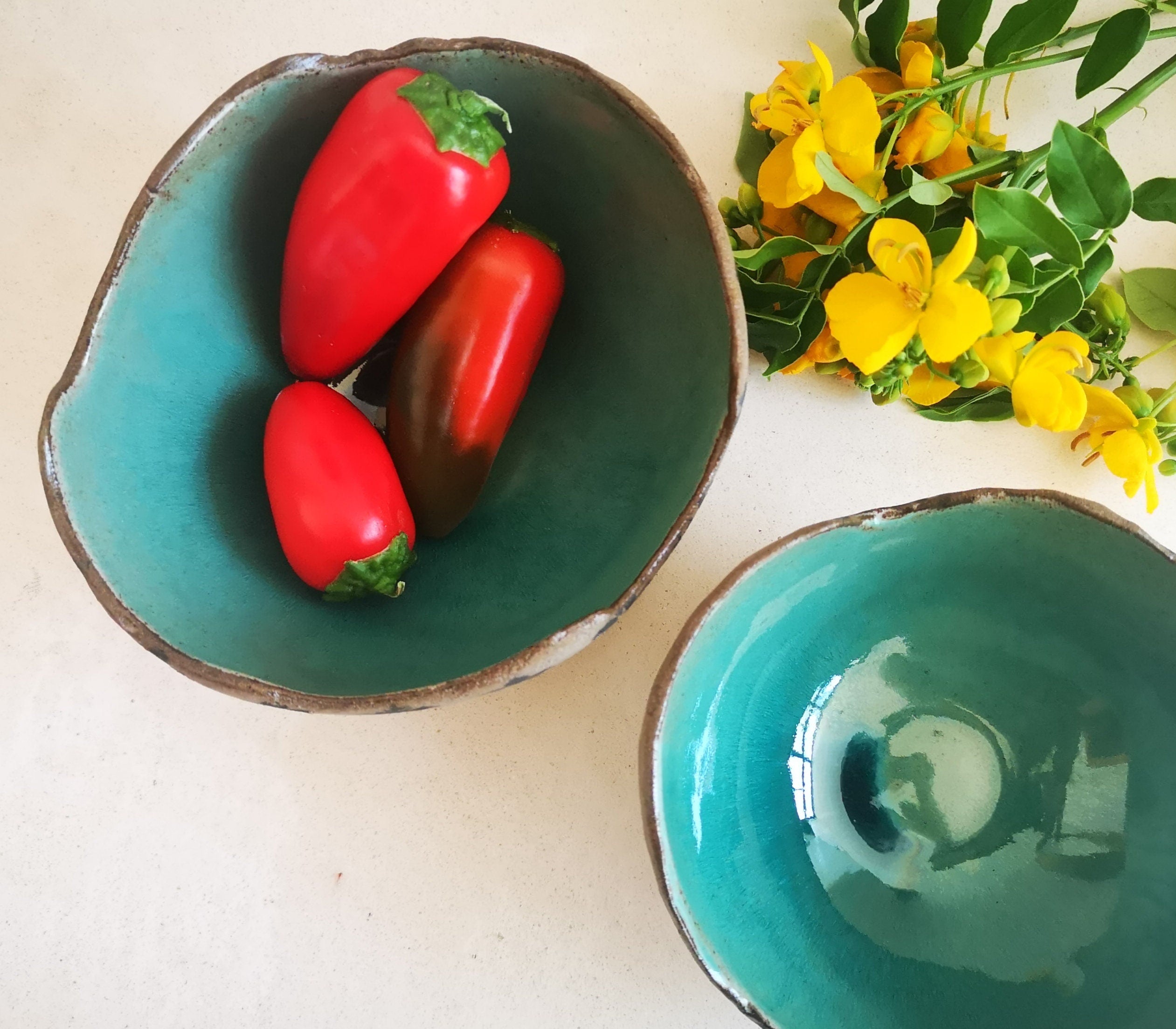 Set of 2 Turquoise Ceramic Bowls: Archaeological Print Pottery