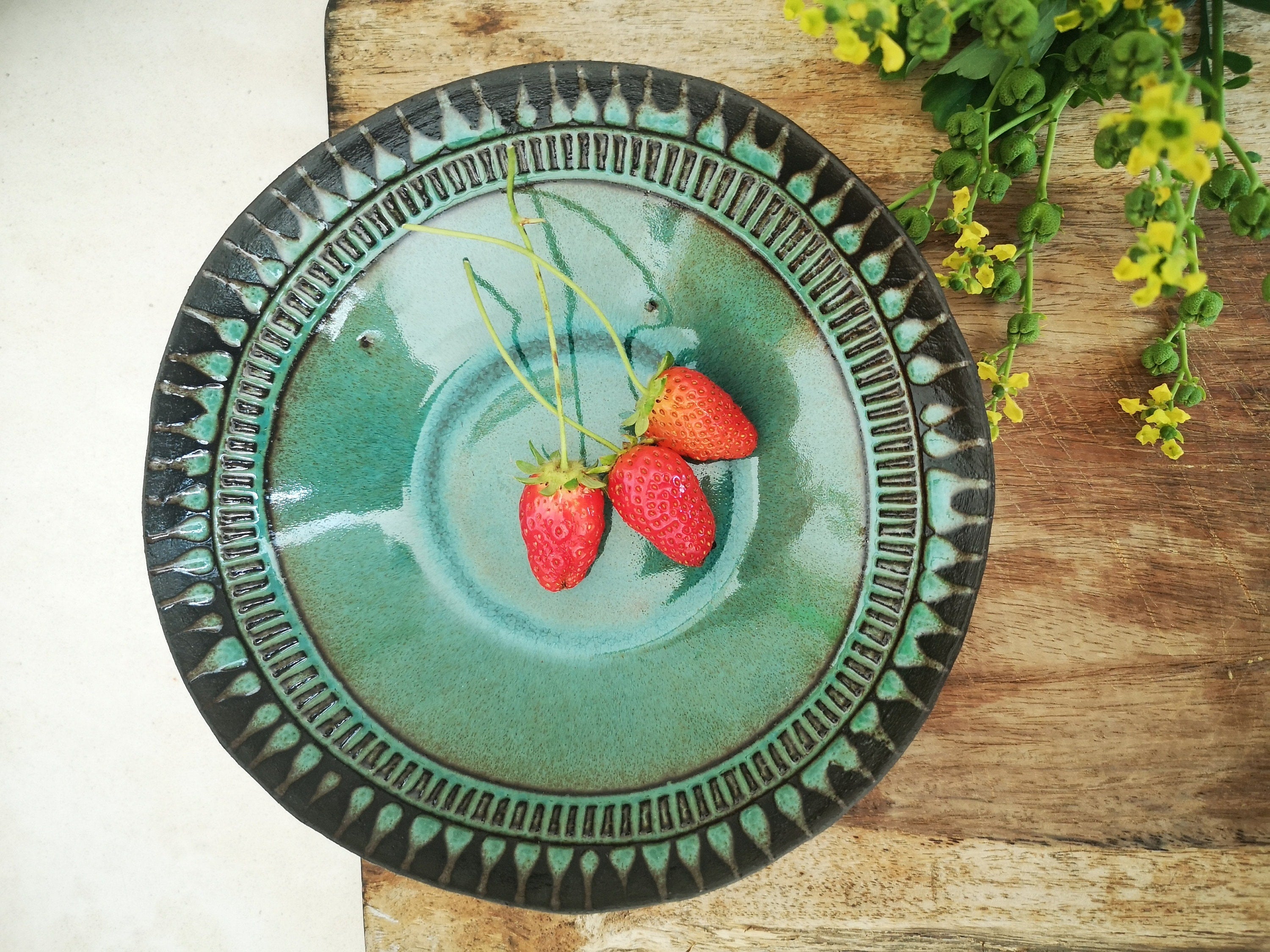 Set of 2 Turquoise Ceramic Bowls: Engraved Pottery Snack Dishes
