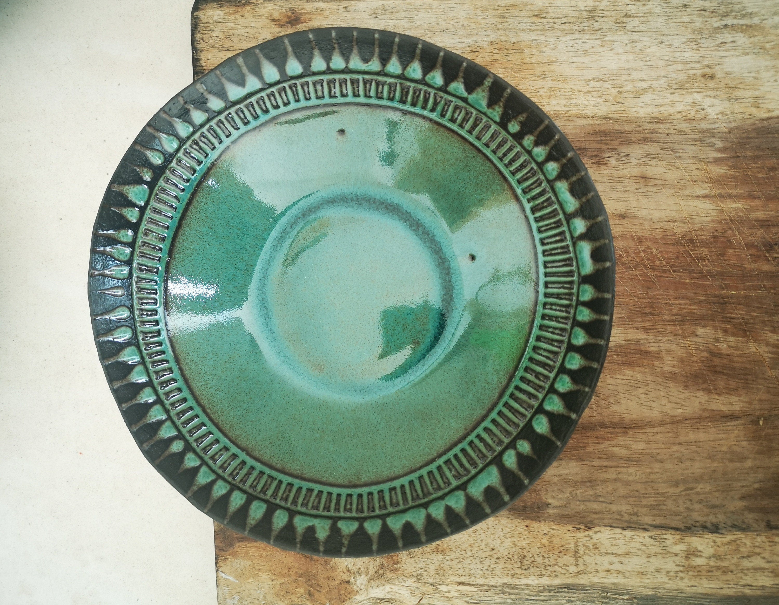 Set of 2 Turquoise Ceramic Bowls: Engraved Pottery Snack Dishes