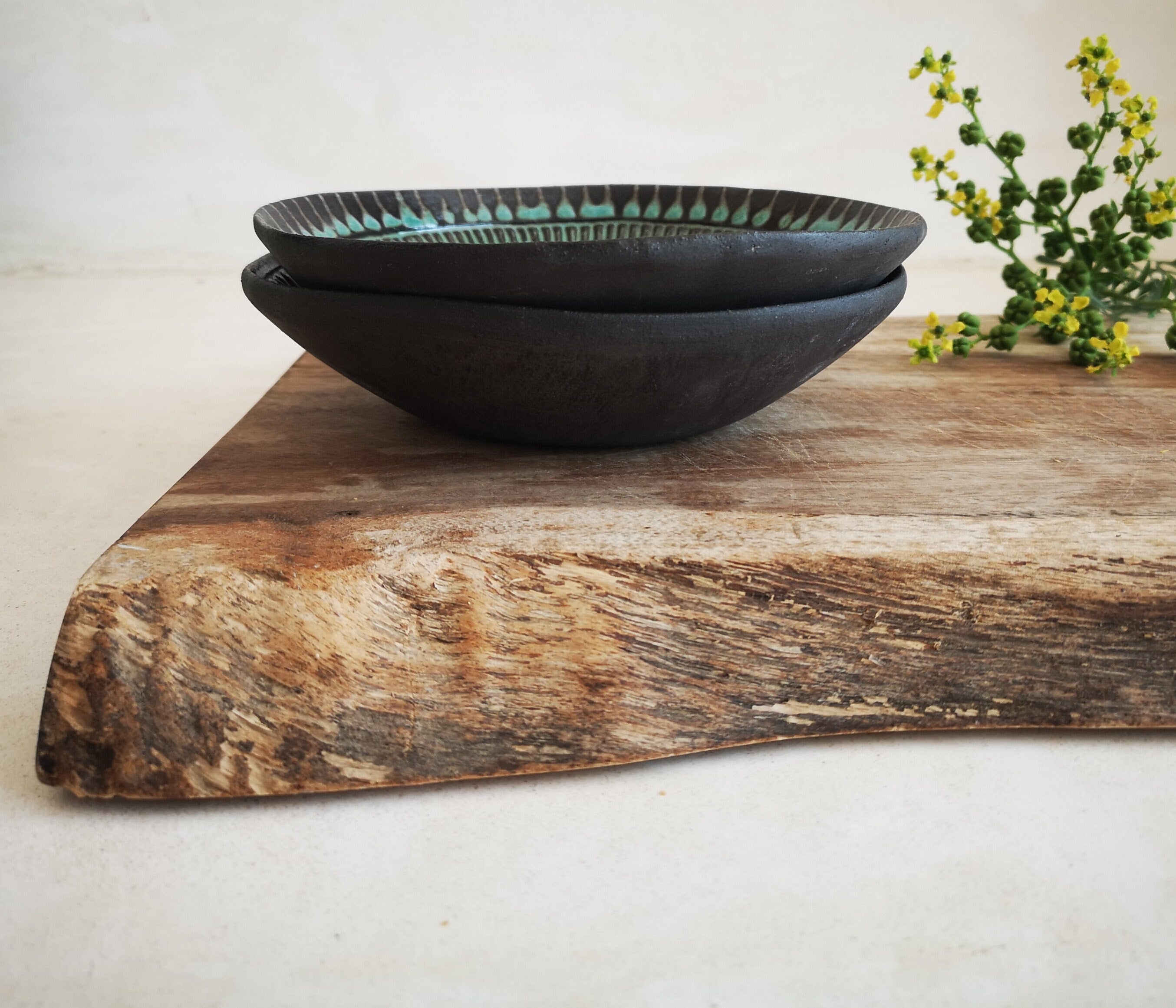 Set of 2 Turquoise Ceramic Bowls: Engraved Pottery Snack Dishes