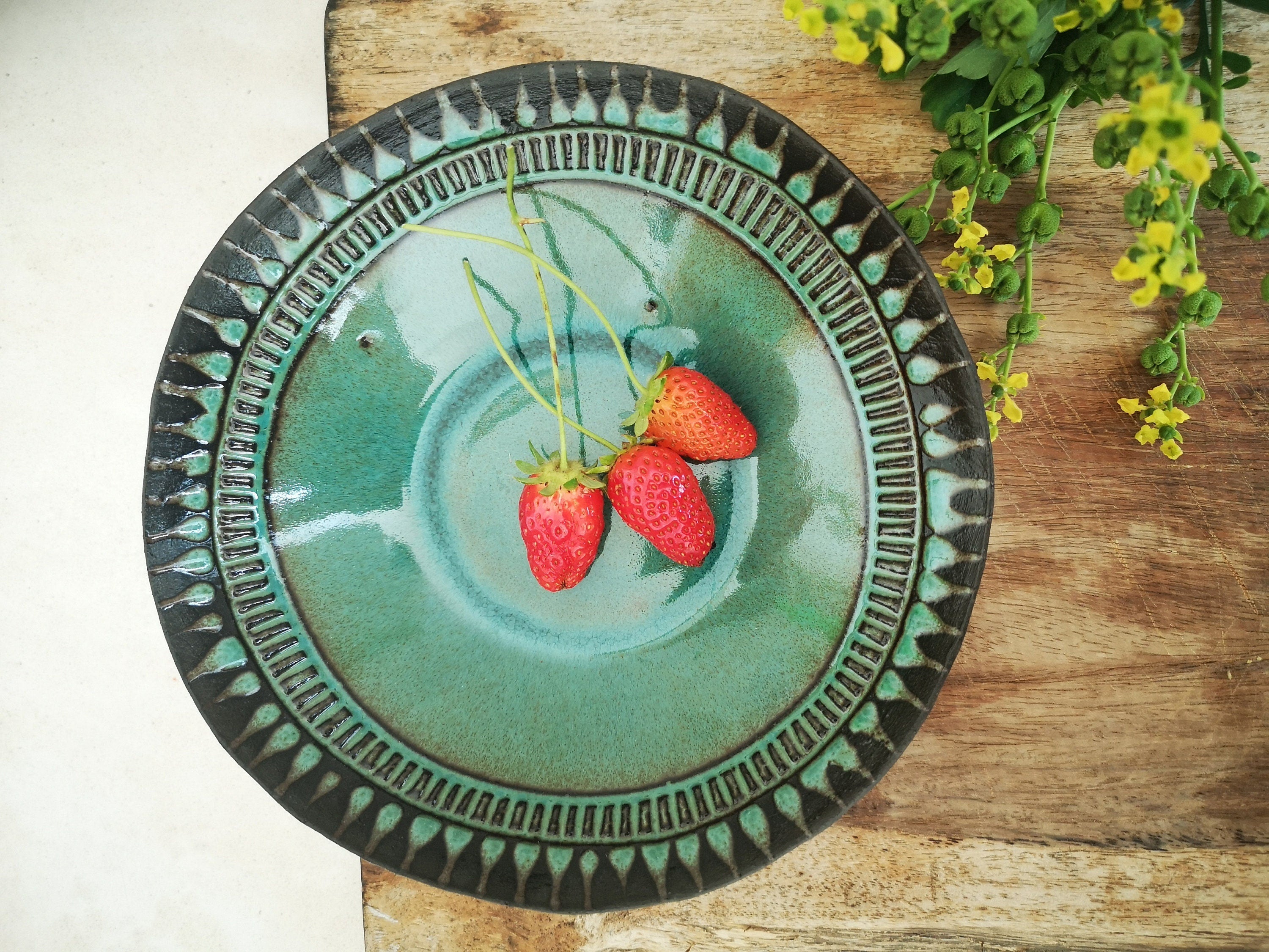 Set of 4 Turquoise Ceramic Bowls: Engraved Pottery Snack Dishes
